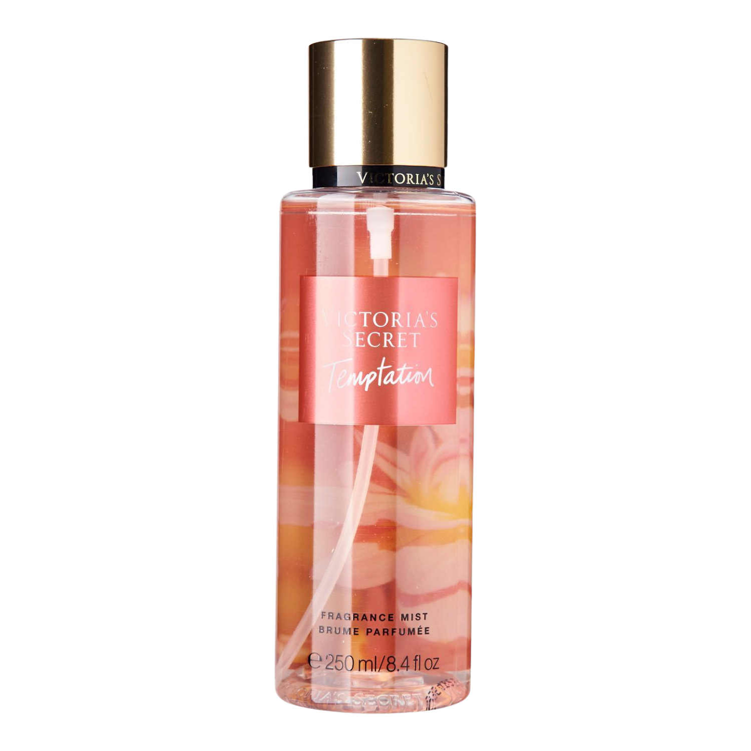 Frasco do body splash importado Temptation Victoria's Secret em tom pêssego transparente com o nome "VICTORIA'S SECRET Temptation" em tipografia elegante em um rótulo rosa. A tampa é dourada e cilíndrica. Contém "FRAGRANCE MIST BRUME PARFUMÉE 250 mL / 8.4 fl oz", disponível na Velyre.