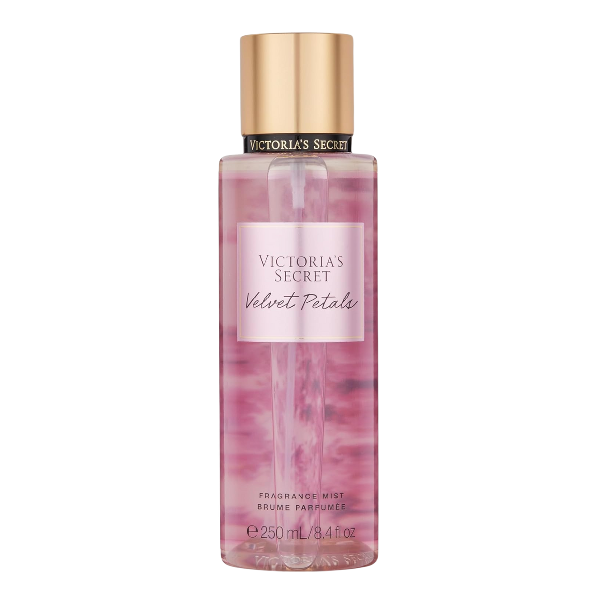 Frasco do body splash importado Velvet Petals Victoria's Secret em tom rosa transparente com o nome "VICTORIA'S SECRET Velvet Petals" em tipografia elegante. A tampa é dourada e cilíndrica. Contém "FRAGRANCE MIST BRUME PARFUMÉE 250 mL / 8.4 fl oz", disponível na Velyre.
