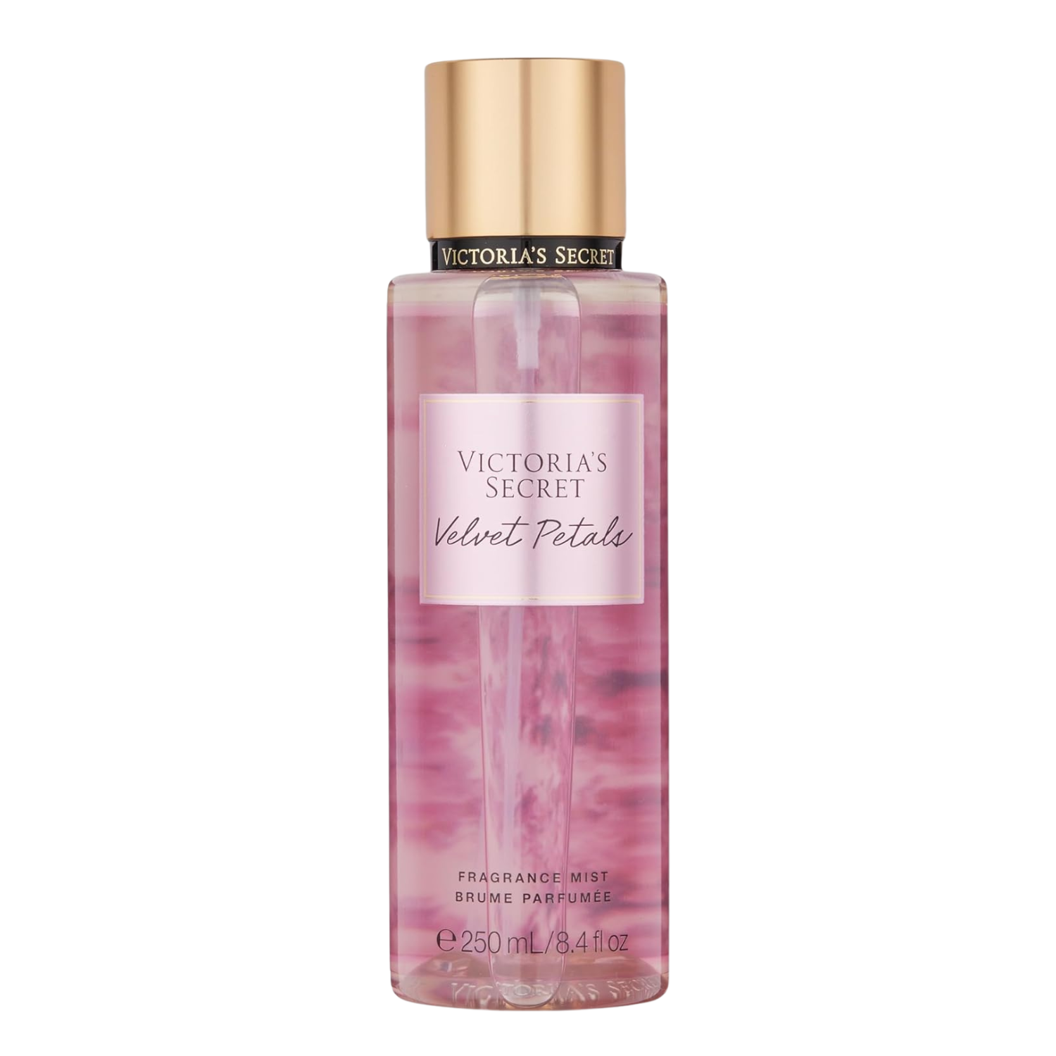 Frasco do body splash importado Velvet Petals Victoria's Secret em tom rosa transparente com o nome "VICTORIA'S SECRET Velvet Petals" em tipografia elegante. A tampa é dourada e cilíndrica. Contém "FRAGRANCE MIST BRUME PARFUMÉE 250 mL / 8.4 fl oz", disponível na Velyre.