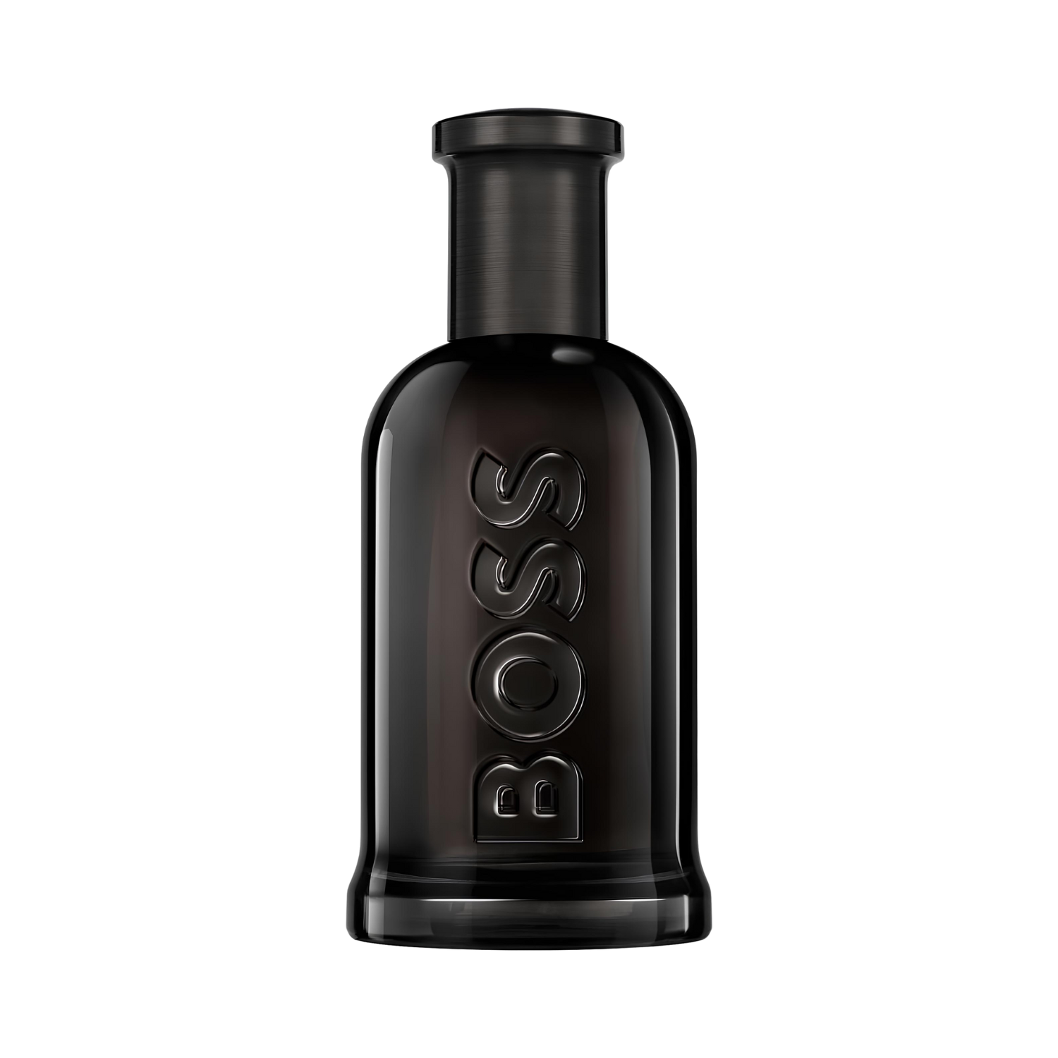 Frasco do perfume masculino Boss Bottled Hugo Boss Parfum com design cilíndrico em vidro preto translúcido, com o nome "BOSS" em relevo verticalmente na frente. A tampa é preta e cilíndrica, complementando a estética robusta e minimalista.