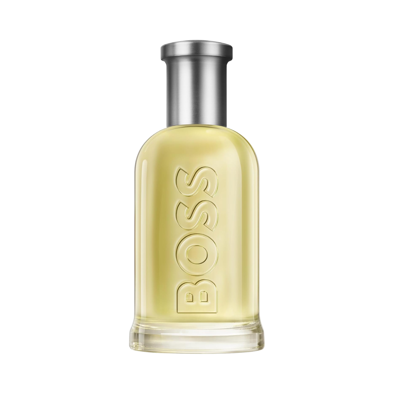 Frasco do perfume Boss Bottled Hugo Boss Eau de Toilette com líquido dourado claro e tampa metálica prateada sobre fundo branco.