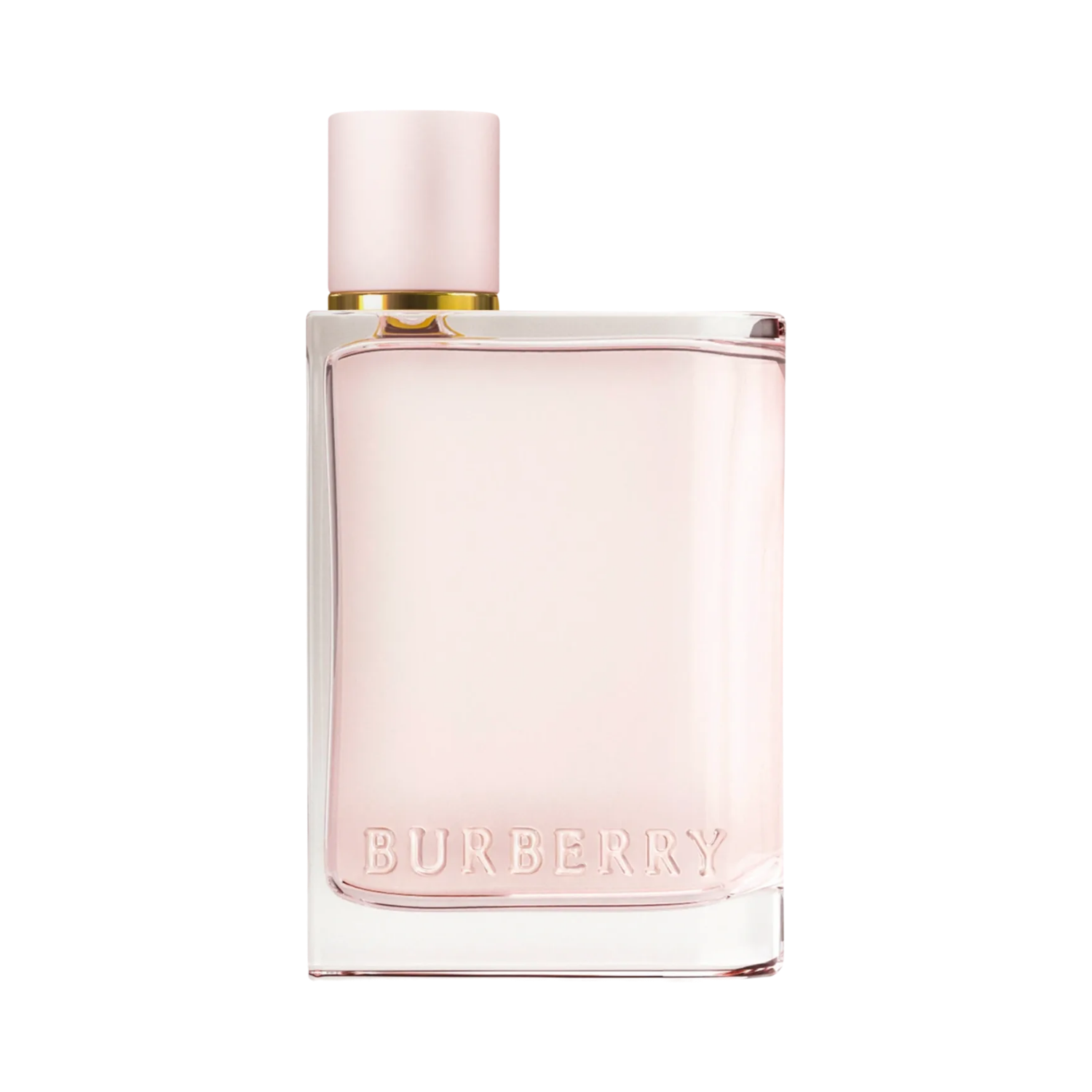 Frasco do perfume Burberry Her em pé sobre fundo branco, com design retangular minimalista, líquido rosa claro e tampa rosa fosca com detalhe dourado na base. A marca "BURBERRY" está gravada na parte inferior do frasco.