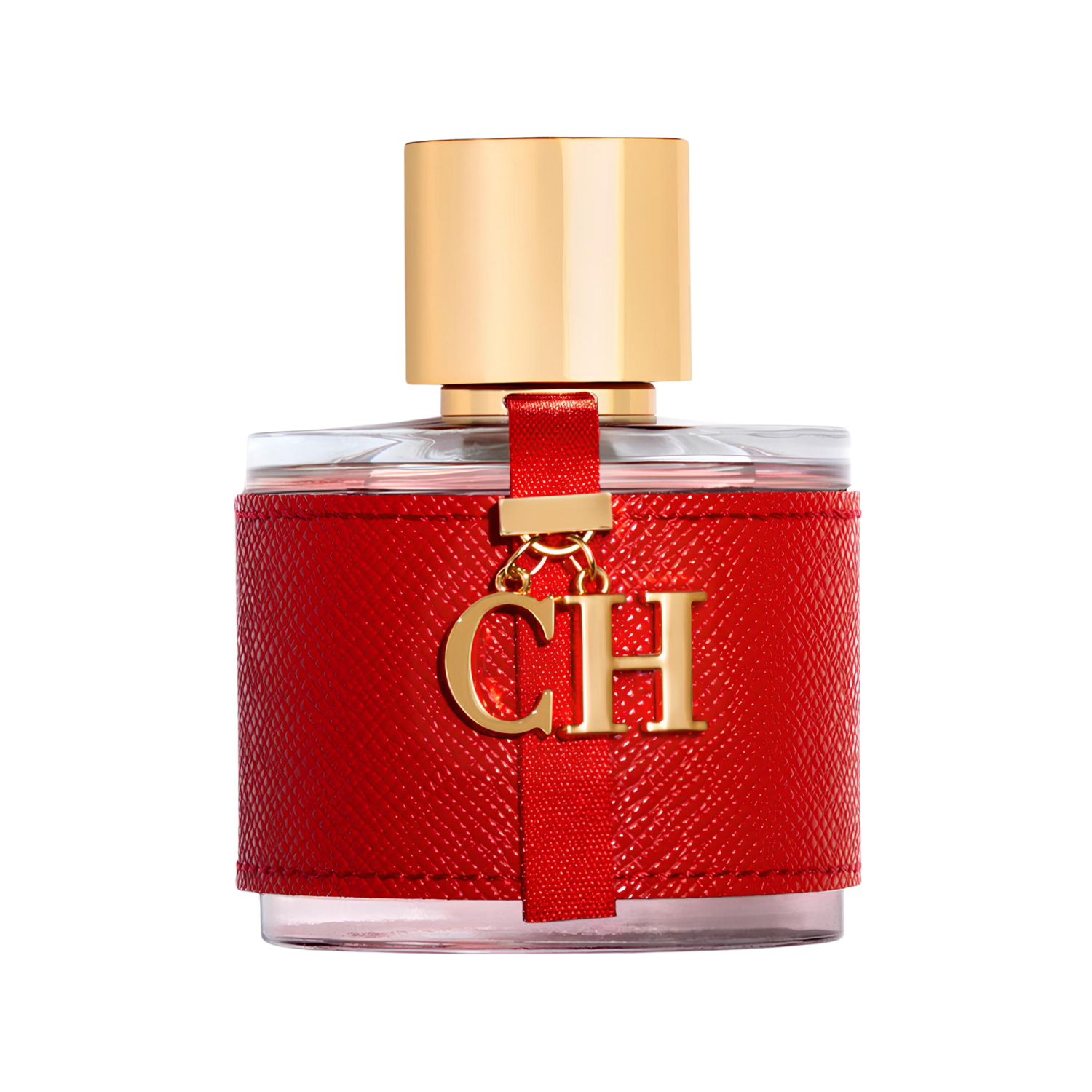 Frasco do perfume feminino CH Femme Carolina Herrera Eau de Toilette com design cilíndrico em vidro transparente, revestido por uma faixa de couro vermelho texturizado no centro. Possui uma fita vermelha com o charm dourado "CH" e uma tampa dourada lisa e cilíndrica.