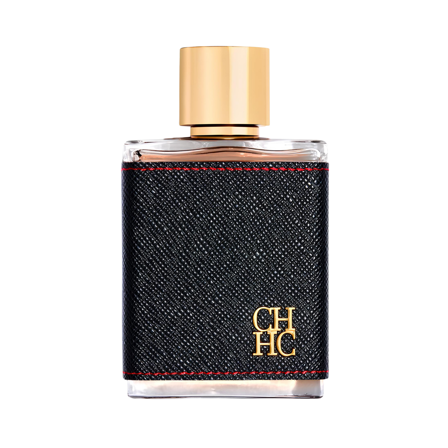 Frasco do perfume masculino CH Men Carolina Herrera Eau de Toilette 100ml com design retangular em vidro transparente, revestido por uma faixa de couro preto texturizado com costuras vermelhas nas bordas. O logo dourado "CH HC" está em relevo. A tampa é dourada, cilíndrica e brilhante.