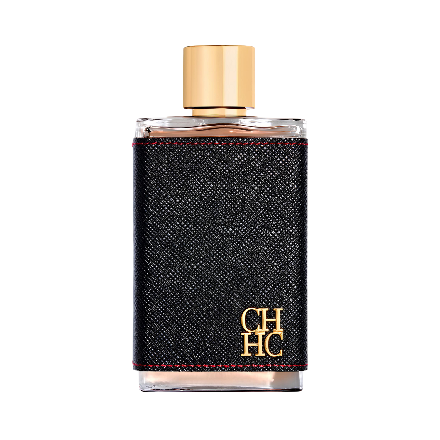 Frasco do perfume masculino CH Men Carolina Herrera Eau de Toilette 200ml com design retangular em vidro transparente, revestido por uma faixa de couro preto texturizado com costuras vermelhas nas bordas. O logo dourado "CH HC" está em relevo. A tampa é dourada, cilíndrica e brilhante.