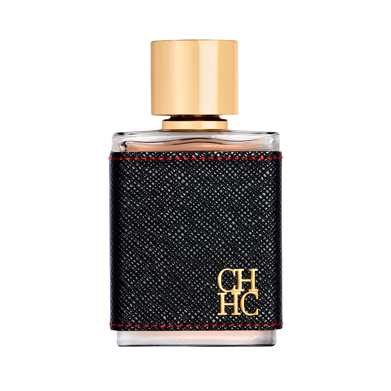 Frasco do perfume masculino CH Men Carolina Herrera Eau de Toilette 50ml com design retangular em vidro transparente, revestido por uma faixa de couro preto texturizado com costuras vermelhas nas bordas. O logo dourado "CH HC" está em relevo. A tampa é dourada, cilíndrica e brilhante.
