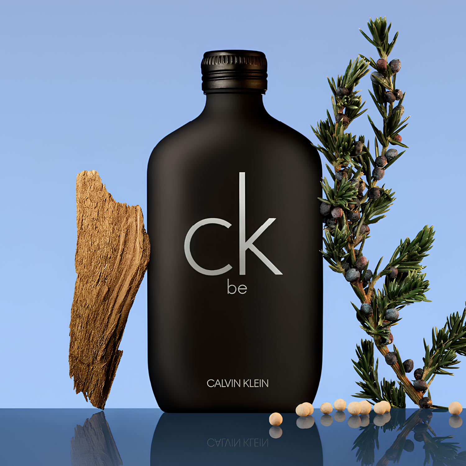 Perfume unissex CK Be Calvin Klein em destaque com um pedaço de madeira rústica e um galho de junípero com bagas, sugerindo uma fragrância amadeirada e herbal, com um toque natural.