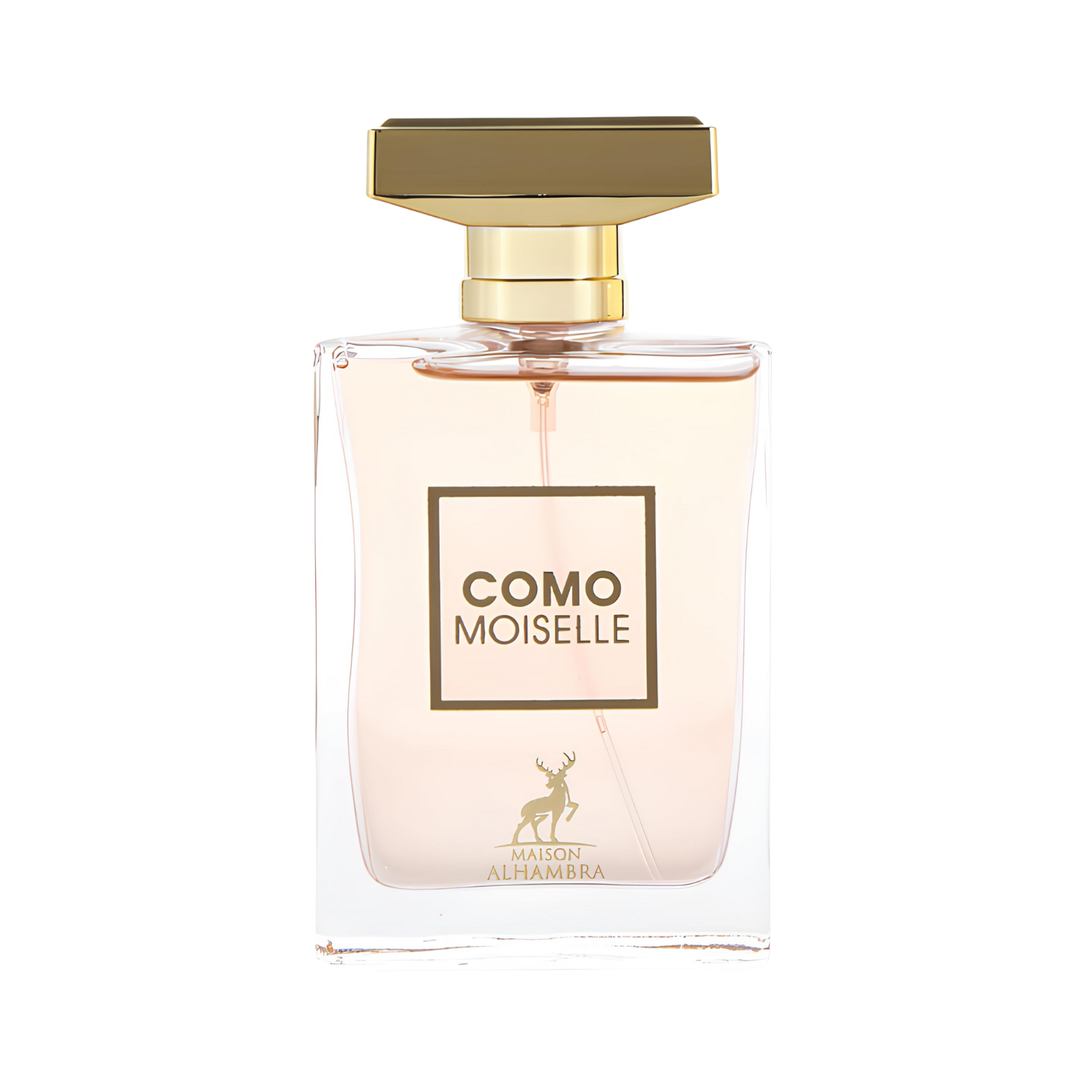 Frasco do perfume árabe feminino Como Moiselle Maison Alhambra Eau de Parfum, disponível na Velyre, em vidro transparente com líquido rosado pálido, formato retangular clássico, rótulo quadrado dourado com nome 'COMO MOISELLE' em branco. Tampa dourada retangular, complementando estética elegante e minimalista.