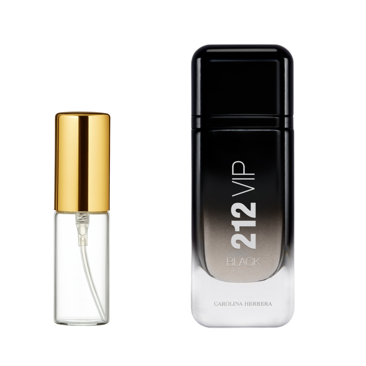Decant de 5ml com borrifador dourado ao lado do frasco original do perfume importado masculino 212 Vip Black Carolina Herrera Eau de Parfum, ambos em fundo transparente. O frasco original tem design retangular em vidro degradê preto a transparente, enquanto o decant é de vidro transparente e borrifador dourado, disponíveis na Velyre.