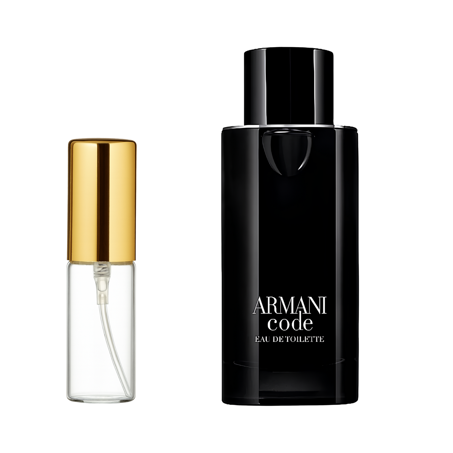 Decant de 5ml com borrifador dourado ao lado do frasco original do perfume importado masculino Armani Code Giorgio Armani Eau de Toilette, ambos em fundo transparente. O frasco original tem design retangular em vidro preto brilhante, enquanto o decant é de vidro transparente e borrifador dourado, disponíveis na Velyre.