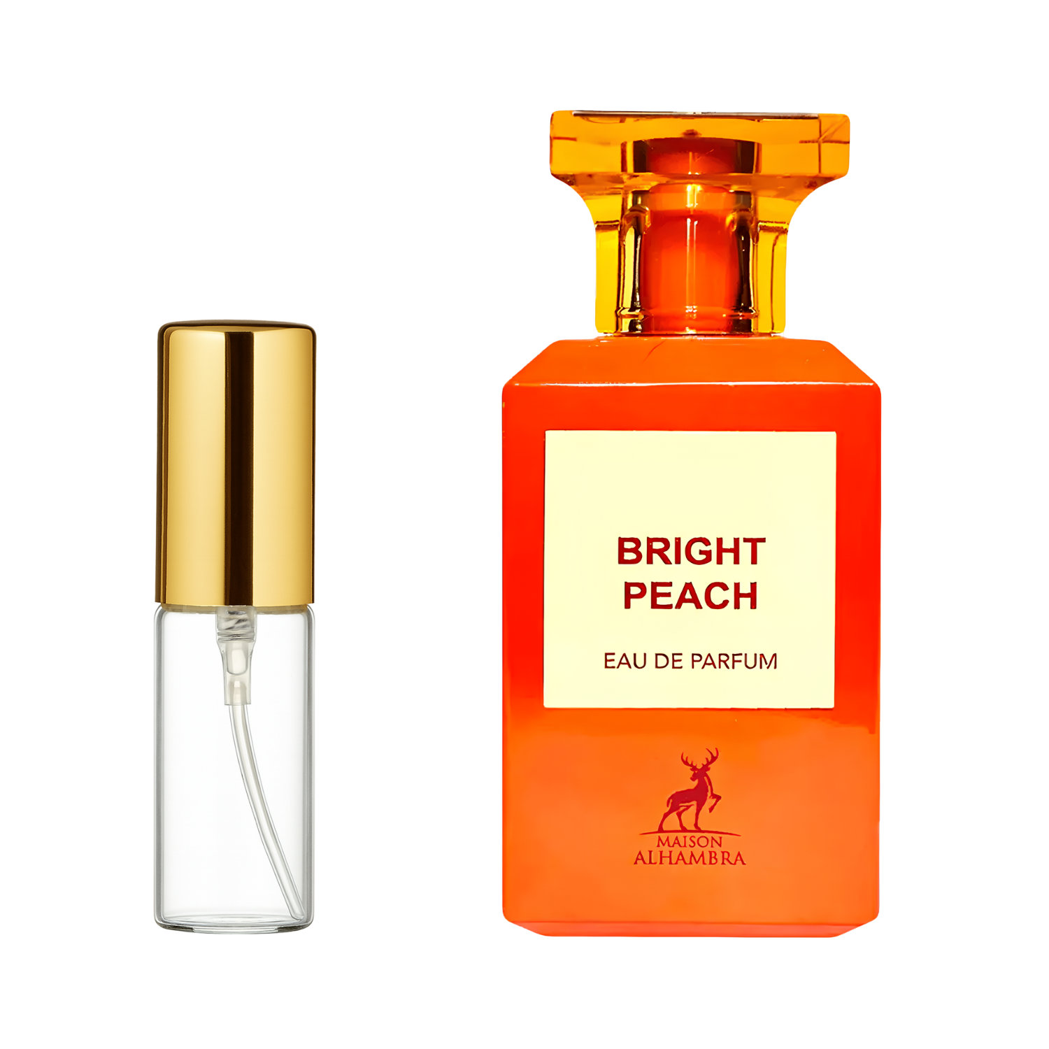 Decant de 5ml com borrifador dourado ao lado do frasco original do perfume árabe unissex Bright Peach Maison Alhambra Eau de Parfum, ambos em fundo transparente. O frasco original tem design retangular em vidro laranja vibrante, enquanto o decant é de vidro transparente e borrifador dourado, disponíveis na Velyre.