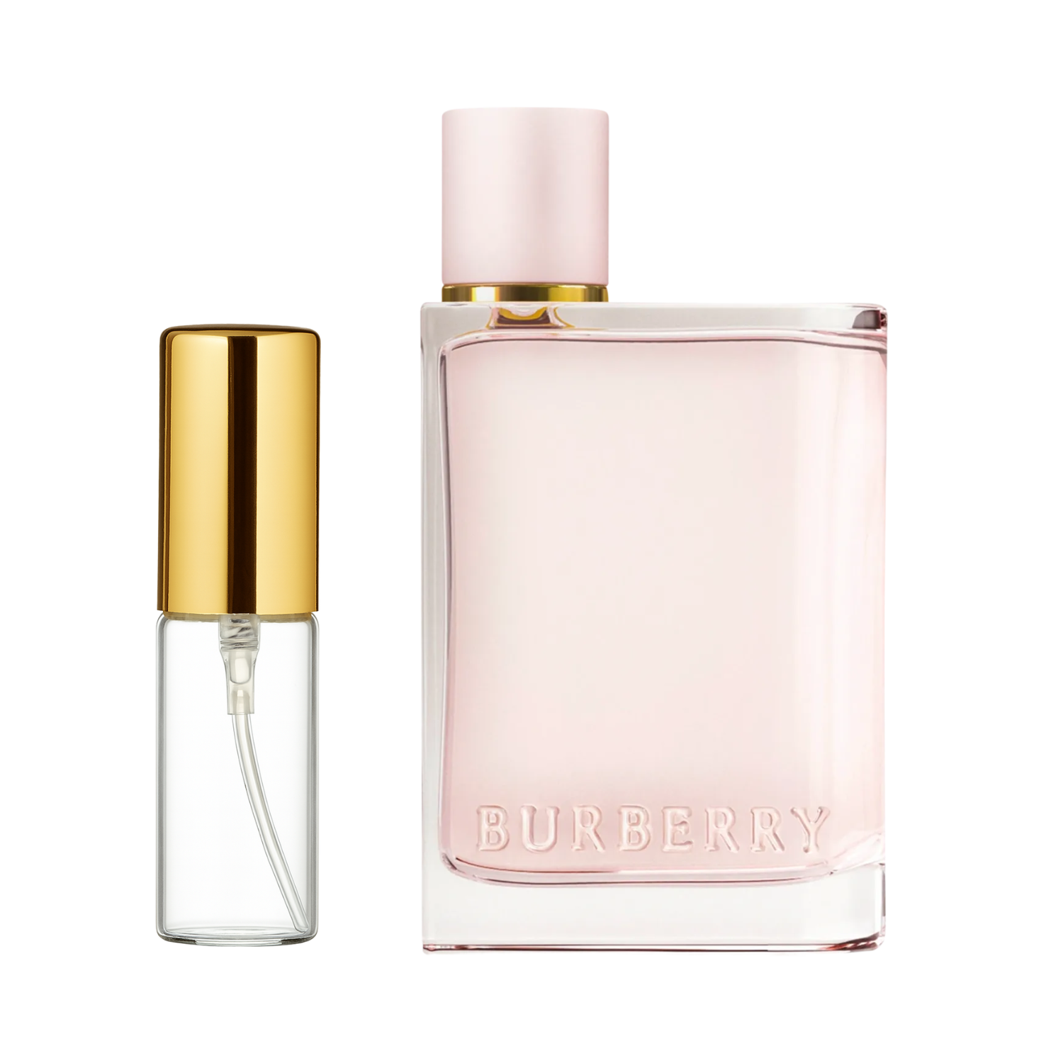Decant de 5ml com borrifador dourado ao lado do frasco original do perfume importado feminino Burberry Her Eau de Parfum, ambos em fundo transparente. O frasco original tem design retangular em vidro rosa pálido e o nome "BURBERRY" em relevo, enquanto o decant é de vidro transparente e borrifador dourado, disponíveis na Velyre.