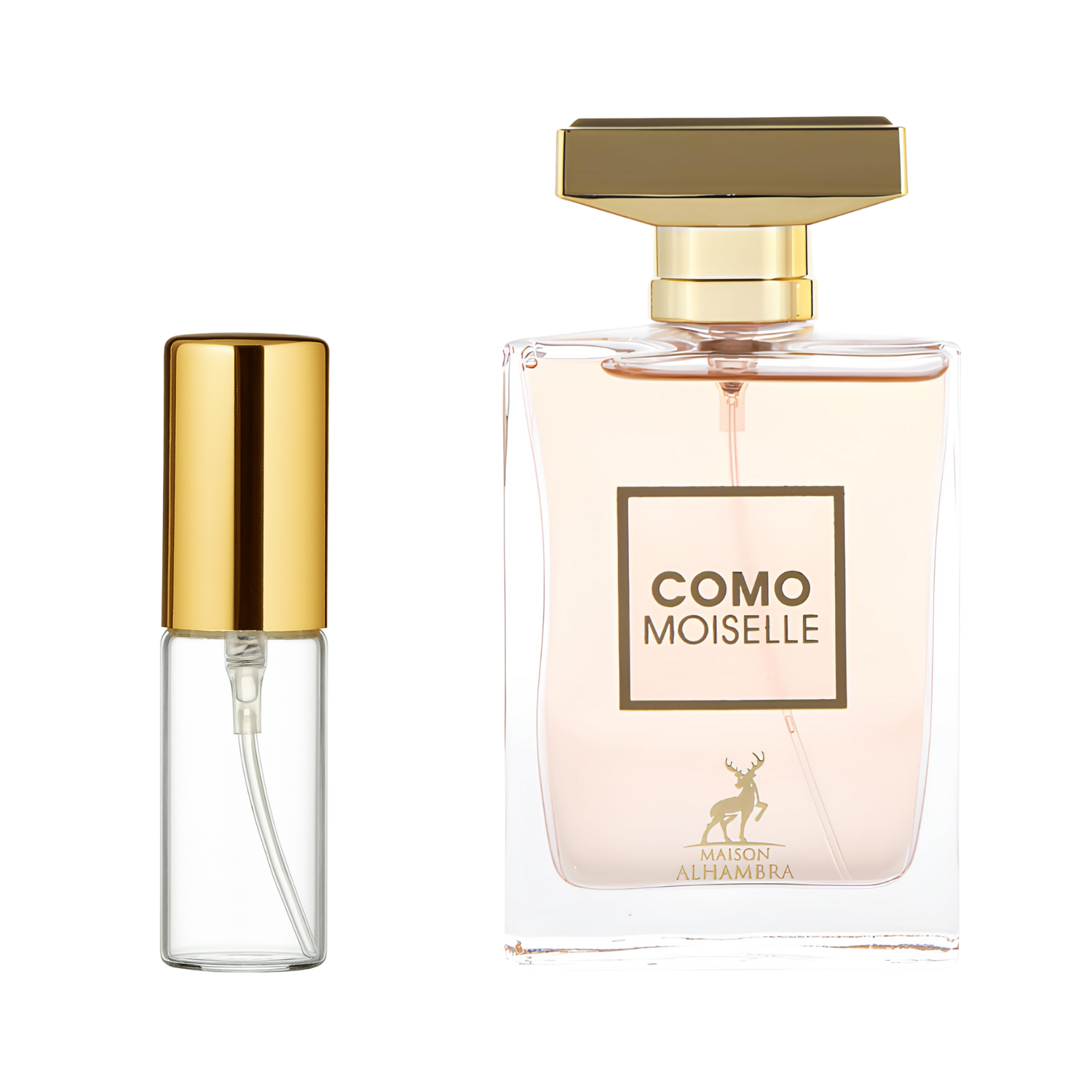 Decant de 5ml com borrifador dourado ao lado do frasco original do perfume árabe feminino Como Moiselle Maison Alhambra Eau de Parfum, ambos em fundo transparente. O frasco original tem design retangular em vidro transparente com líquido rosado pálido e tampa dourada, enquanto o decant é de vidro transparente e borrifador dourado, disponíveis na Velyre.