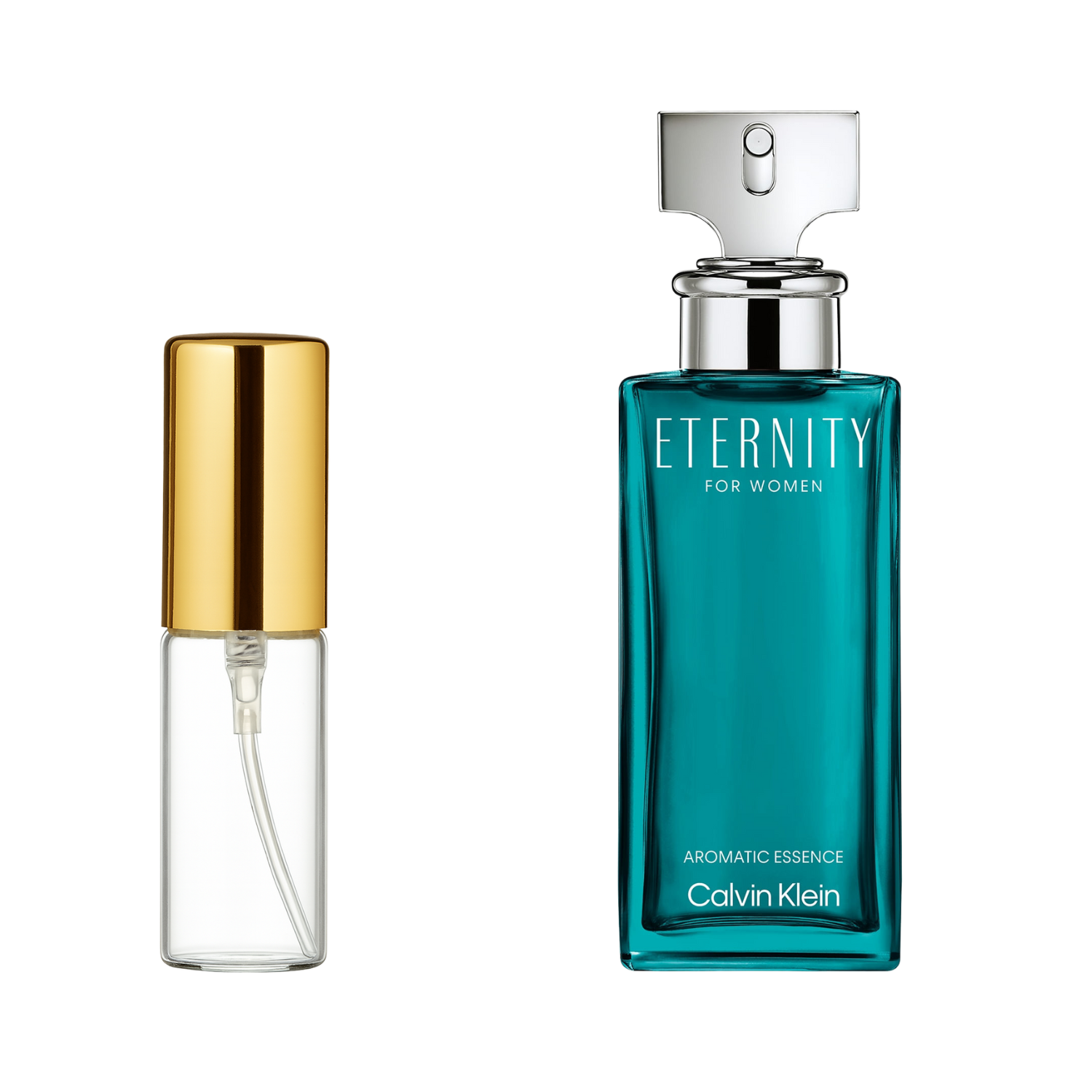Decant de 5ml com borrifador dourado ao lado do frasco original do perfume importado feminino Eternity Aromatic Essence for Women Calvin Klein Eau de Parfum, ambos em fundo transparente. O frasco original tem design retangular em vidro transparente com líquido azul-turquesa, enquanto o decant é de vidro transparente e borrifador dourado, disponíveis na Velyre.
