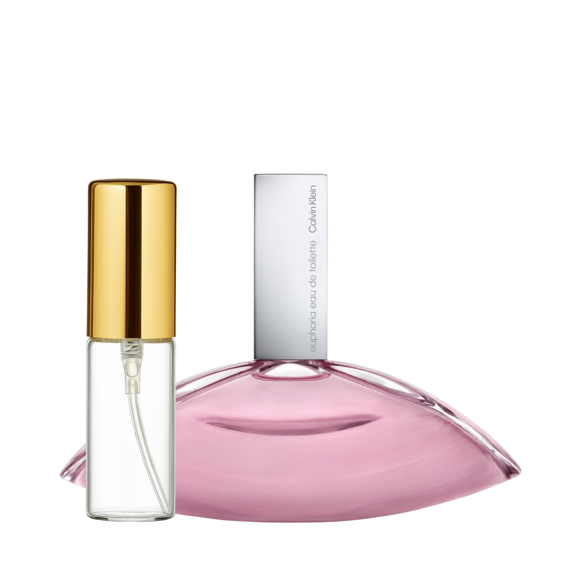 Decant de 5ml com borrifador dourado ao lado do frasco original do perfume importado feminino Euphoria for Women Calvin Klein Eau de Toilette, ambos em fundo transparente. O frasco original tem design curvo e achatado em vidro com líquido rosa claro, enquanto o decant é de vidro transparente e borrifador dourado, disponíveis na Velyre.
