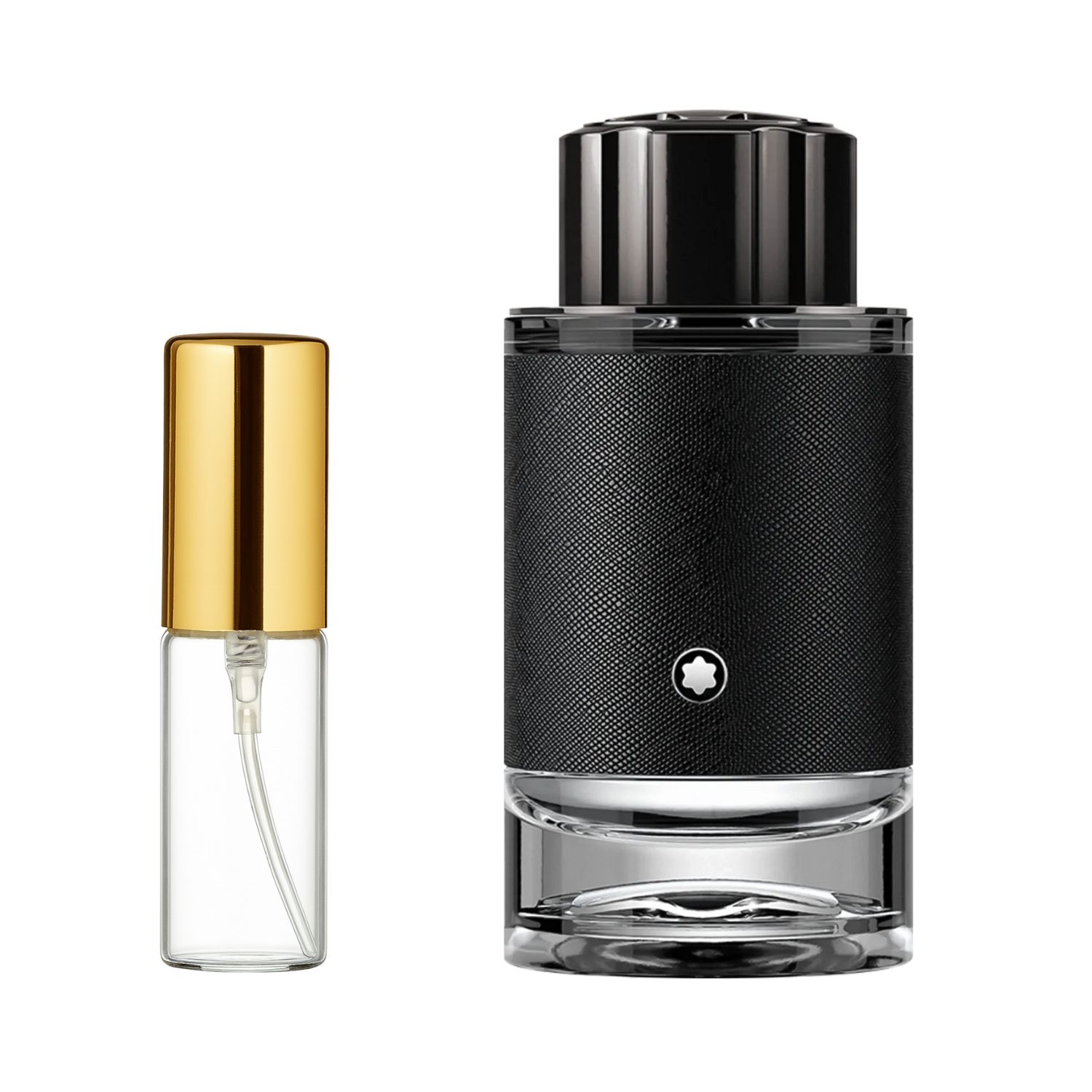 Decant de 5ml com borrifador dourado ao lado do frasco original do perfume importado masculino Explorer Montblanc Eau de Parfum, ambos em fundo transparente. O frasco original tem design cilíndrico com revestimento preto texturizado e o logo branco da Montblanc, enquanto o decant é de vidro transparente e borrifador dourado, disponíveis na Velyre.