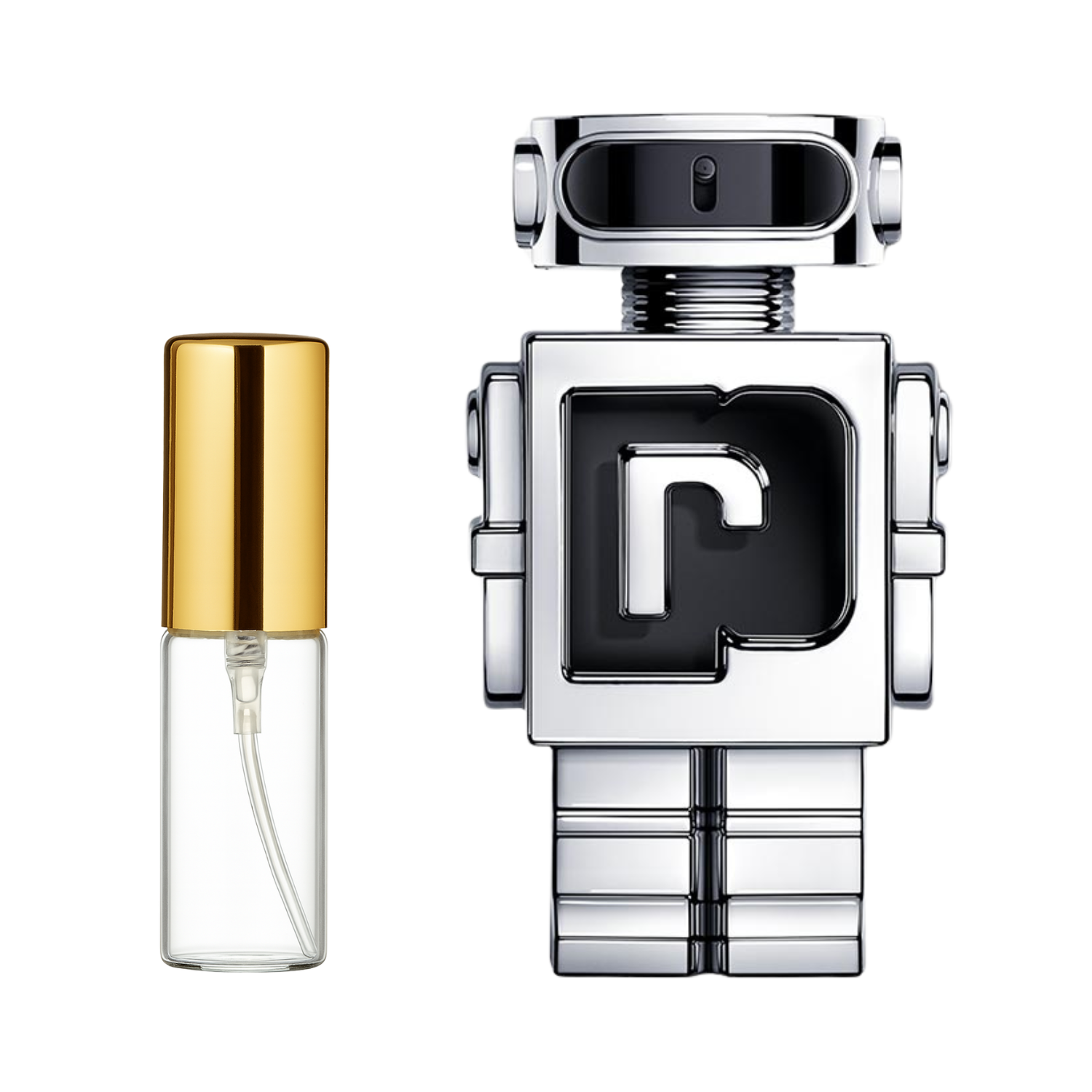 Decant de 5ml com borrifador dourado ao lado do frasco original do perfume importado masculino Phantom Rabanne Eau de Toilette, ambos em fundo transparente. O frasco original tem design de robô prateado, enquanto o decant é de vidro transparente e borrifador dourado, disponíveis na Velyre.