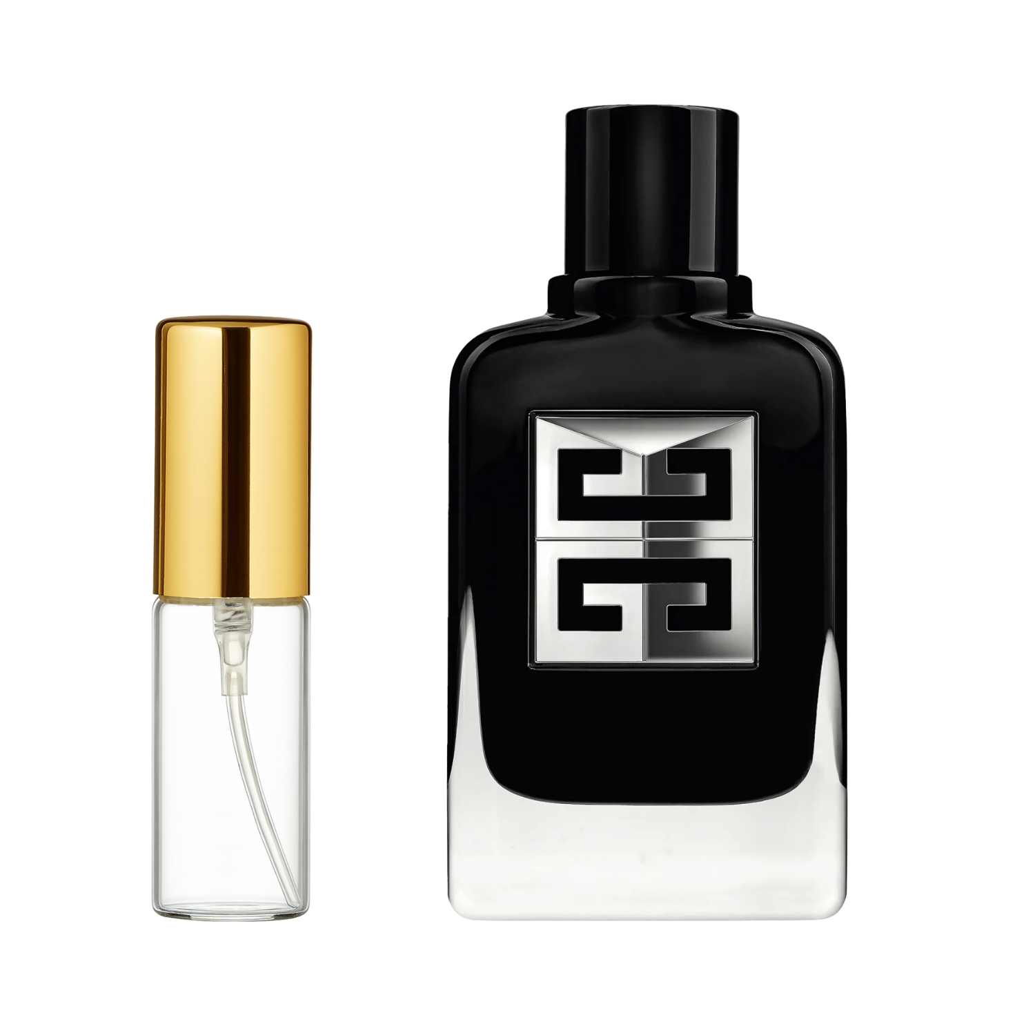 Decant de 5ml com borrifador dourado ao lado do frasco original do perfume importado masculino Gentleman Society Givenchy Eau de Parfum, ambos em fundo transparente. O frasco original tem design retangular em vidro preto com um logo "4G" prateado no centro, enquanto o decant é de vidro transparente e borrifador dourado, disponíveis na Velyre.