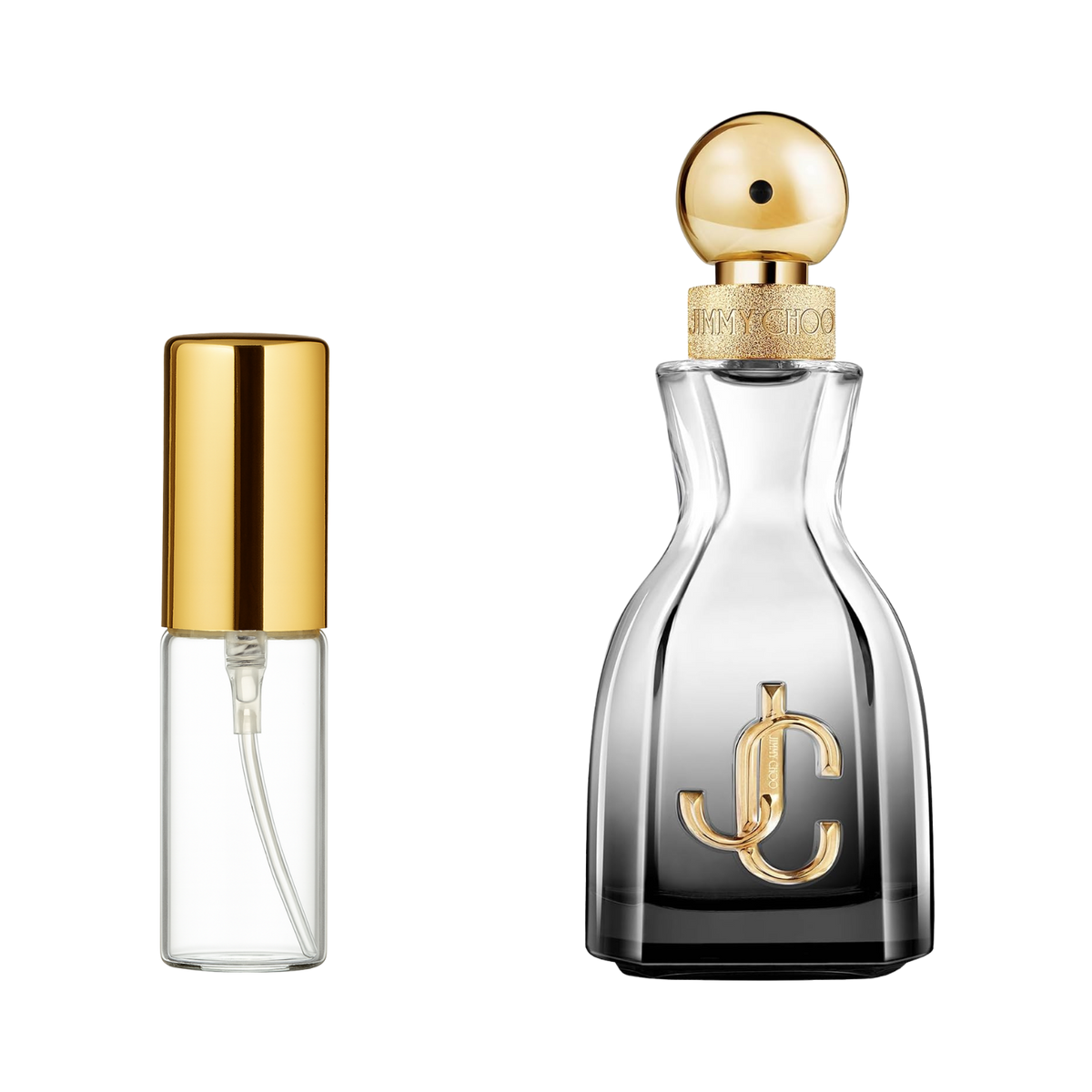Decant de 5ml com borrifador dourado ao lado do frasco original do perfume importado feminino I Want Choo Forever Jimmy Choo Eau de Parfum, ambos em fundo transparente. O frasco original tem design curvilíneo em vidro com degradê preto na base e líquido incolor, enquanto o decant é de vidro transparente e borrifador dourado, disponíveis na Velyre.