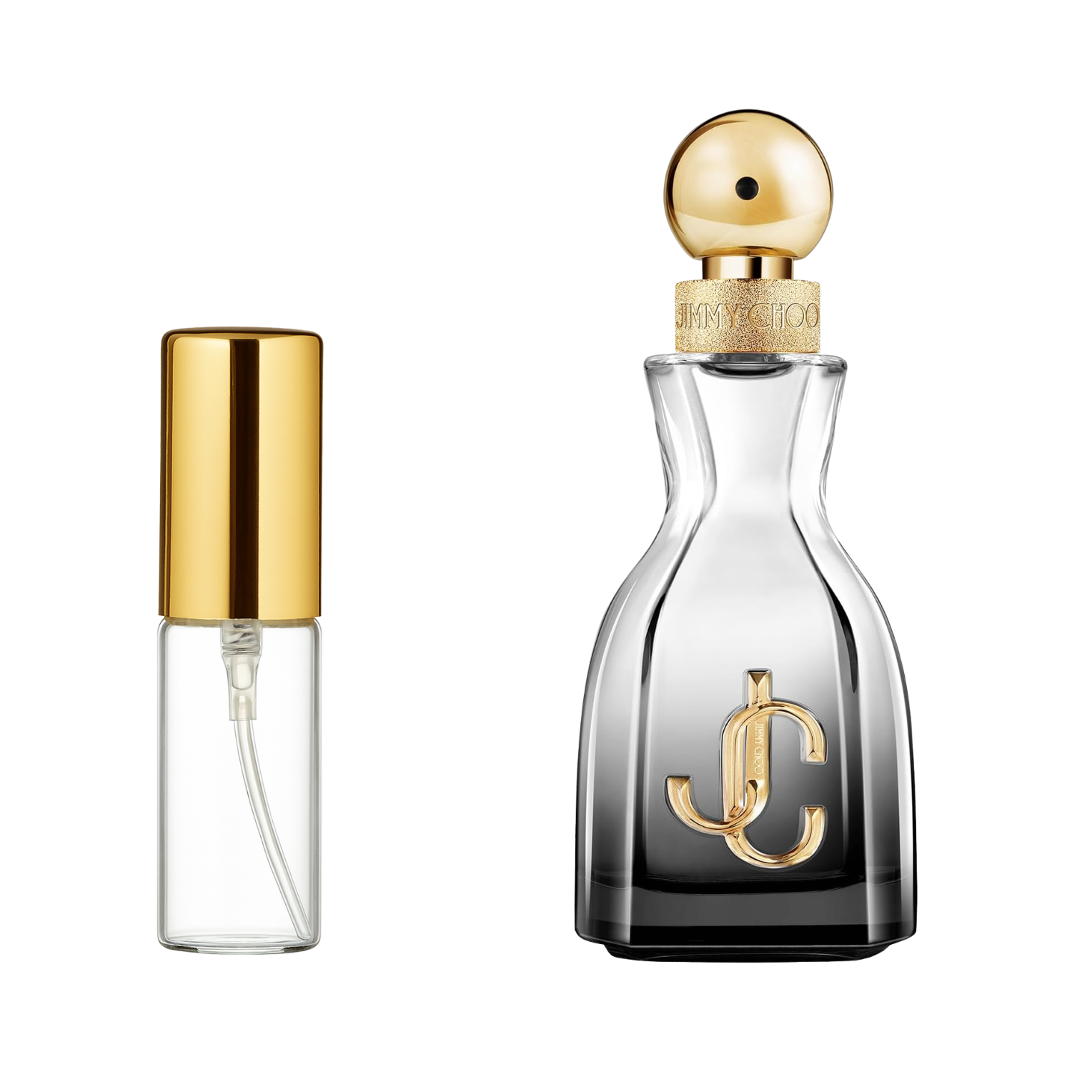 Decant de 5ml com borrifador dourado ao lado do frasco original do perfume importado feminino I Want Choo Forever Jimmy Choo Eau de Parfum, ambos em fundo transparente. O frasco original tem design curvilíneo em vidro com degradê preto na base e líquido incolor, enquanto o decant é de vidro transparente e borrifador dourado, disponíveis na Velyre.