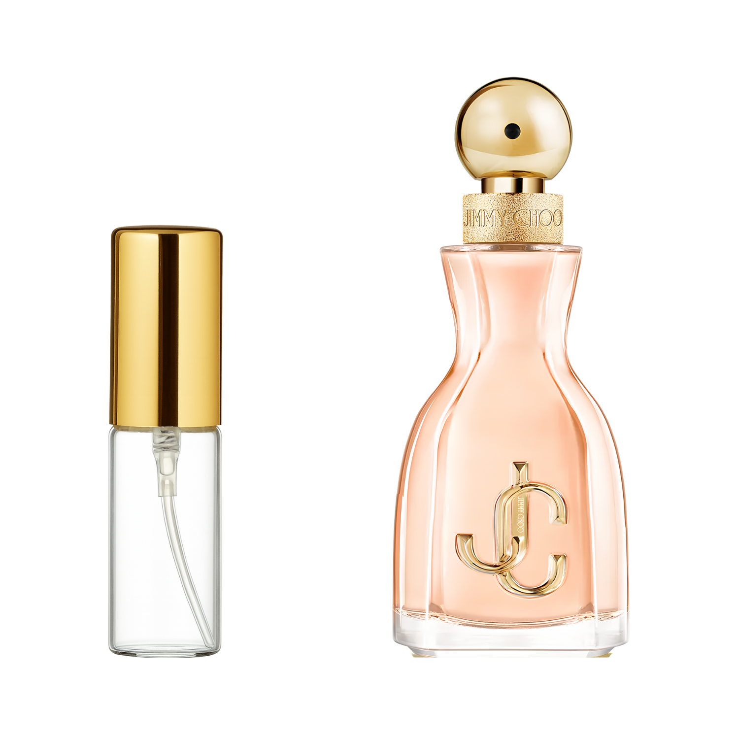 Decant de 5ml com borrifador dourado ao lado do frasco original do perfume importado feminino I Want Choo Jimmy Choo Eau de Parfum, ambos em fundo transparente. O frasco original tem design curvilíneo em vidro transparente com líquido pêssego, enquanto o decant é de vidro transparente e borrifador dourado, disponíveis na Velyre.