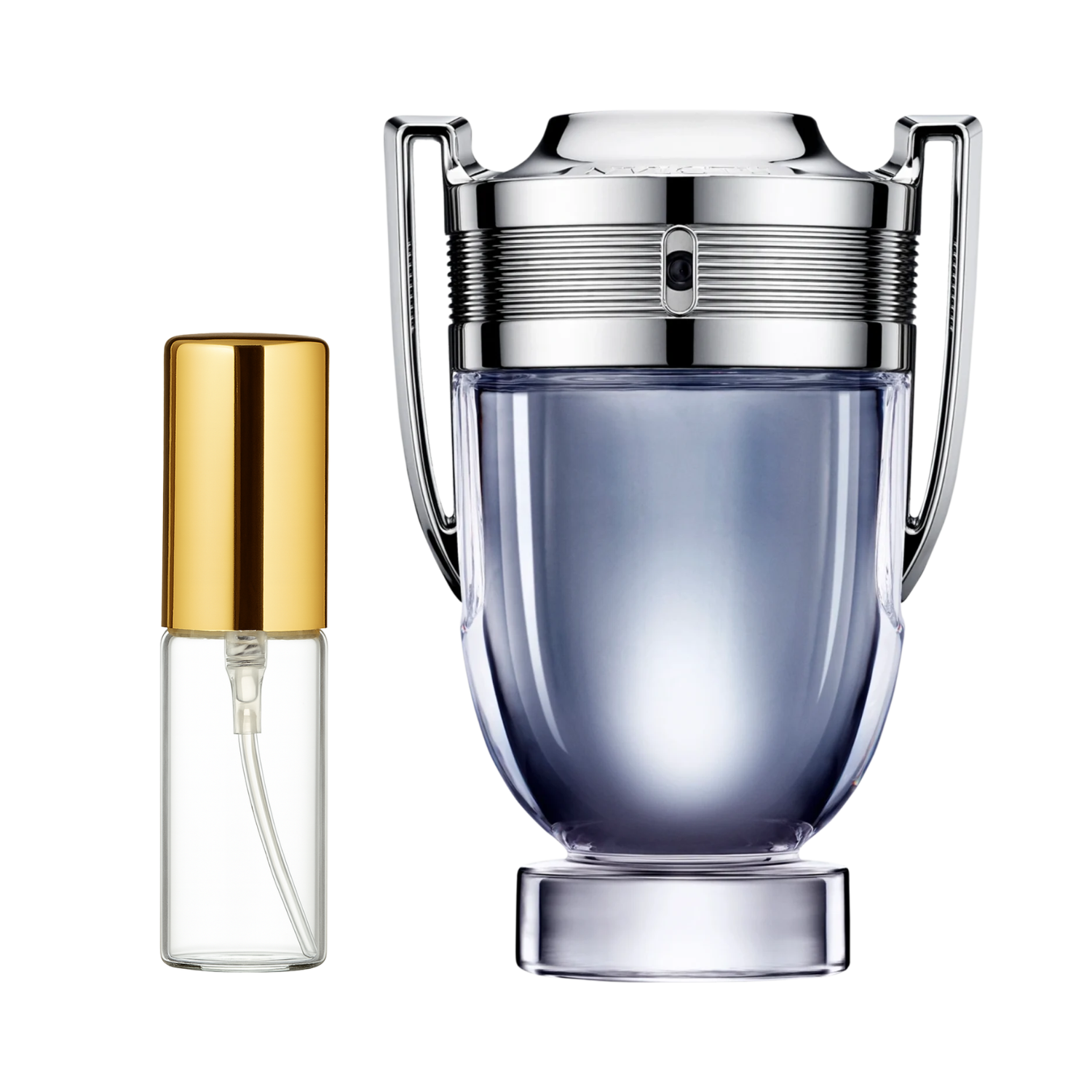 Decant de 5ml com borrifador dourado ao lado do frasco original do perfume importado masculino Invictus Rabanne Eau de Toilette, ambos em fundo transparente. O frasco original tem design de troféu prateado e líquido azul acinzentado, enquanto o decant é de vidro transparente, disponíveis na Velyre.