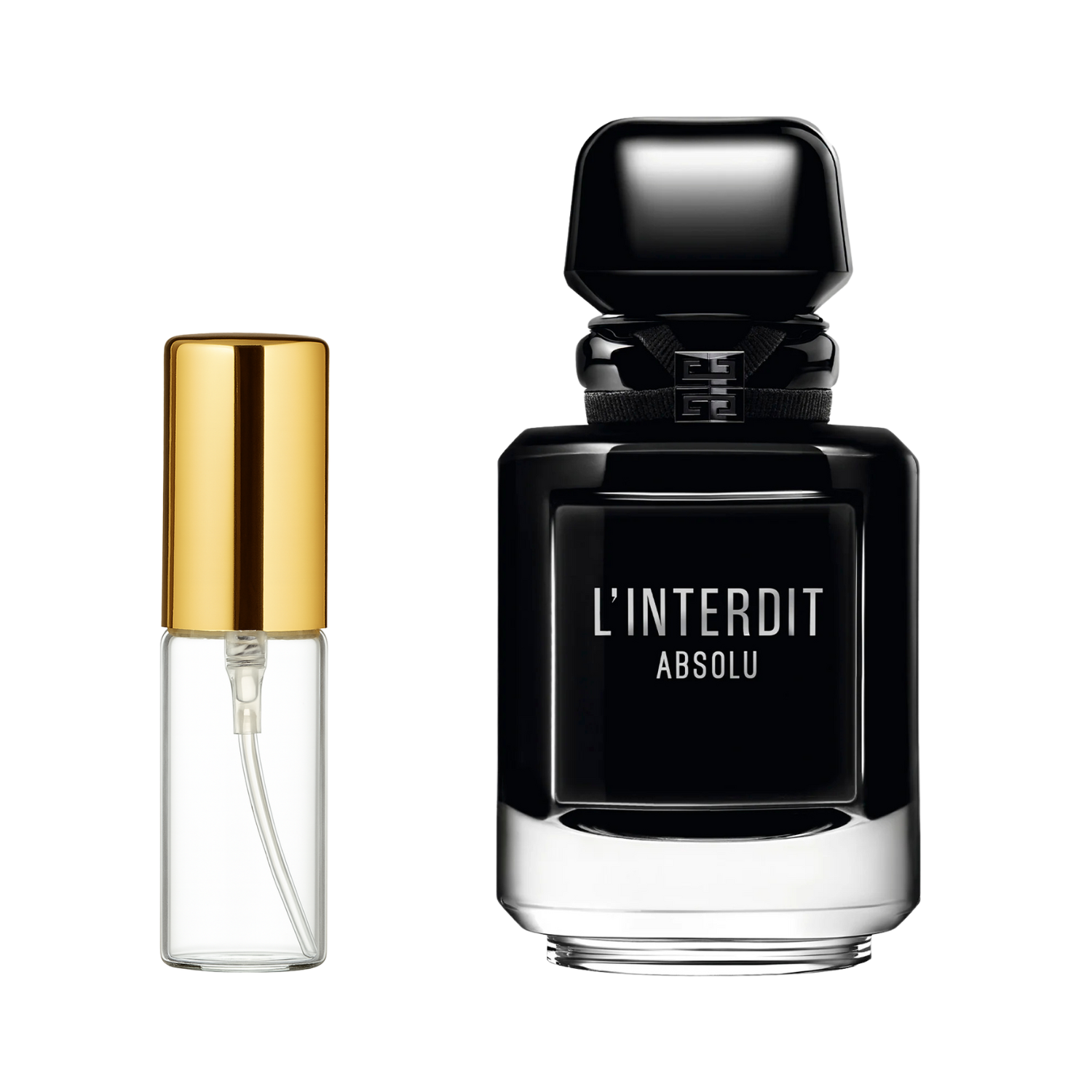 Decant de 5ml com borrifador dourado ao lado do frasco original do perfume importado feminino L'Interdit Absolu Givenchy Eau de Parfum Intense, ambos em fundo transparente. O frasco original tem design retangular em vidro preto lacado e base prateada, com o logo Givenchy em fita, enquanto o decant é de vidro transparente e borrifador dourado, disponíveis na Velyre.