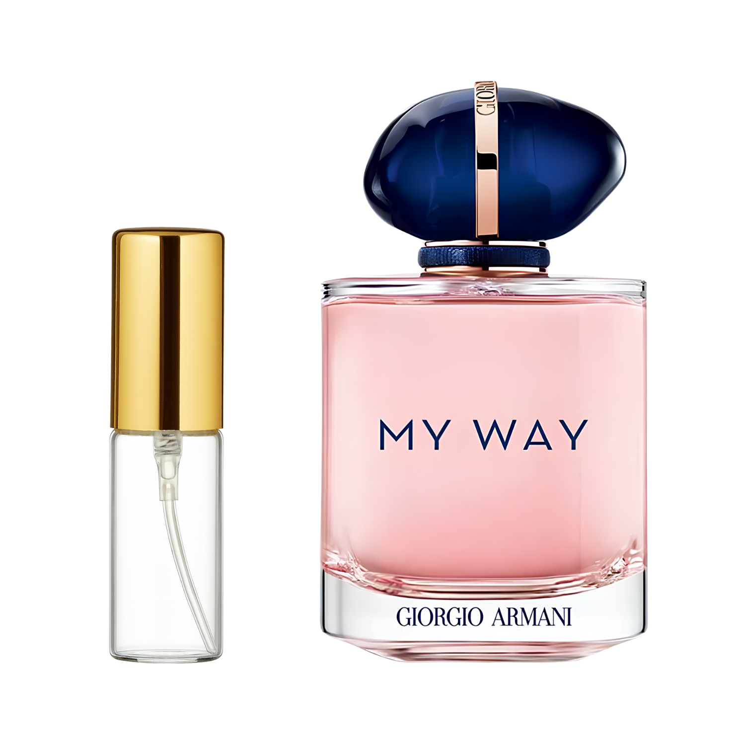 Decant de 5ml com borrifador dourado ao lado do frasco original do perfume importado feminino My Way Giorgio Armani Eau de Parfum, ambos em fundo transparente. O frasco original tem design quadrado com cantos arredondados, líquido rosa e uma tampa arredondada azul escura com detalhes dourados, enquanto o decant é de vidro transparente e borrifador dourado, disponíveis na Velyre.