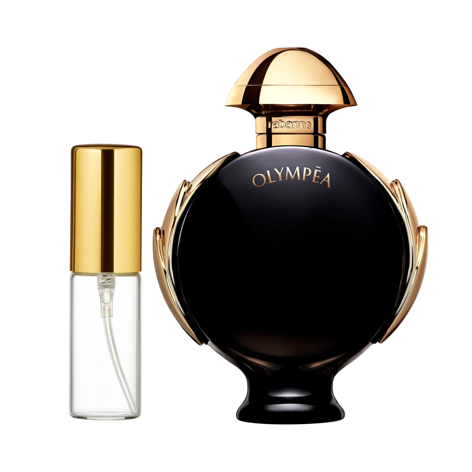 Decant de 5ml com borrifador dourado ao lado do frasco original do perfume importado feminino Olympéa Parfum Rabanne Eau de Parfum, ambos em fundo transparente. O frasco original tem design arredondado em vidro preto com detalhes em metal dourado, enquanto o decant é de vidro transparente e borrifador dourado, disponíveis na Velyre.