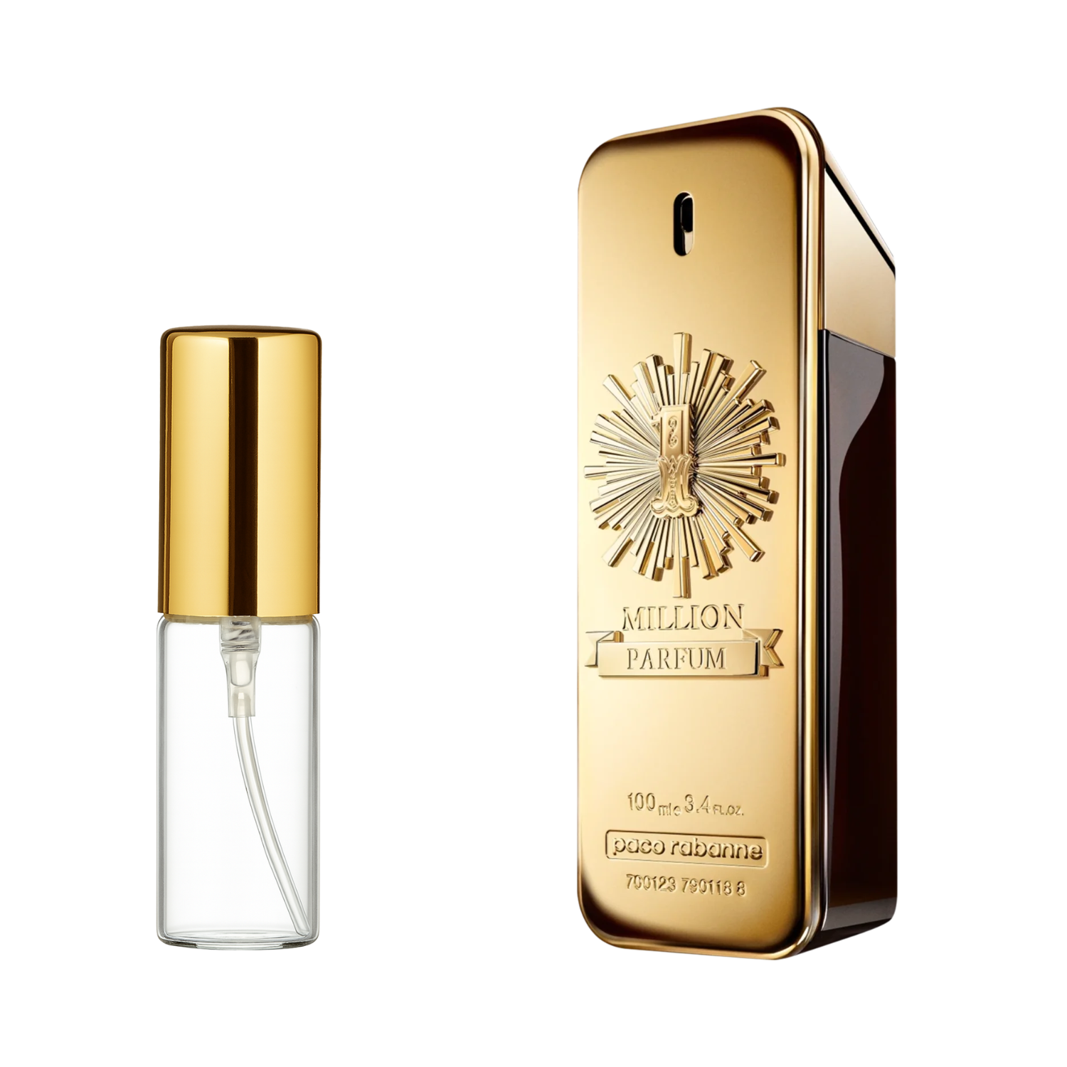 Decant de 5ml com borrifador dourado ao lado do frasco original do perfume importado masculino One Million Parfum Rabanne Eau de Parfum, ambos em fundo transparente. O frasco original tem design de barra de ouro com detalhes em relevo, enquanto o decant é de vidro transparente e borrifador dourado, disponíveis na Velyre.