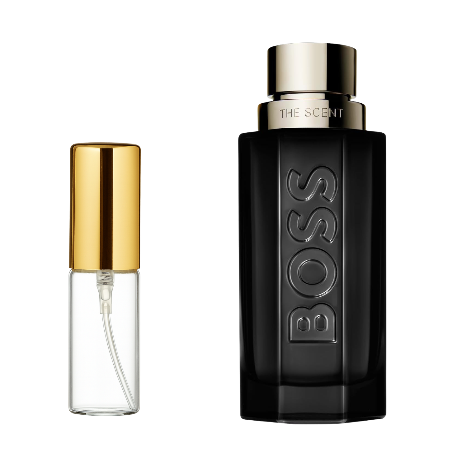 Decant de 5ml com borrifador dourado ao lado do frasco original do perfume importado masculino The Scent Magnetic Hugo Boss Eau de Parfum, ambos em fundo transparente. O frasco original tem design retangular em vidro degradê preto fosco com o nome "BOSS" em relevo, enquanto o decant é de vidro transparente e borrifador dourado, disponíveis na Velyre.