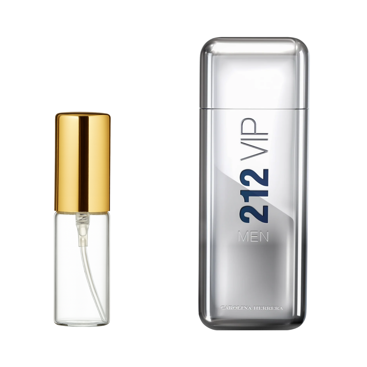 Decant de 5ml com borrifador dourado ao lado do frasco original do perfume importado masculino 212 Vip Men Carolina Herrera Eau de Toilette, ambos em fundo transparente. O frasco original tem design retangular em metal prateado com o nome "212 VIP MEN" em azul, enquanto o decant é de vidro transparente e borrifador dourado, disponíveis na Velyre.