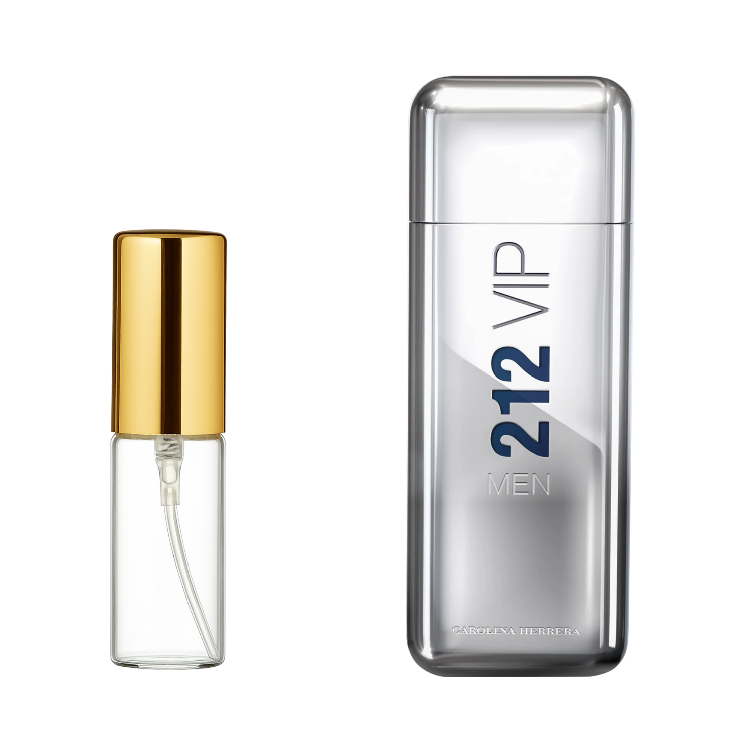 Decant de 5ml com borrifador dourado ao lado do frasco original do perfume importado masculino 212 Vip Men Carolina Herrera Eau de Toilette, ambos em fundo transparente. O frasco original tem design retangular em metal prateado com o nome "212 VIP MEN" em azul, enquanto o decant é de vidro transparente e borrifador dourado, disponíveis na Velyre.