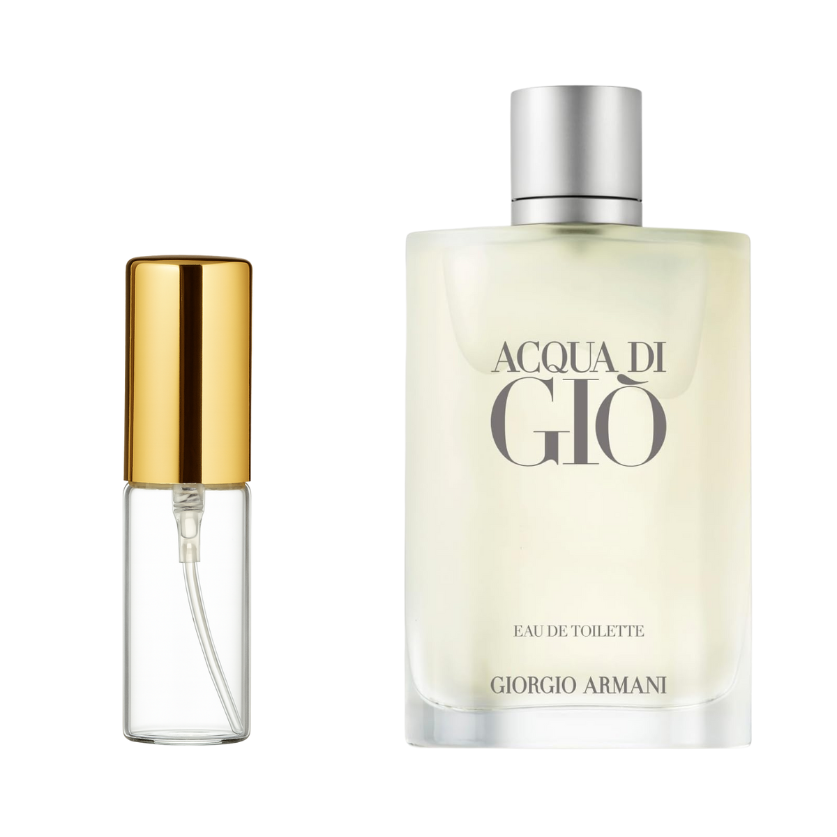 Decant de 5ml com borrifador dourado ao lado do frasco original do perfume importado masculino Acqua di Giò Giorgio Armani Eau de Toilette, ambos em fundo transparente. O frasco original tem design retangular em vidro fosco com líquido amarelado, enquanto o decant é de vidro transparente e borrifador dourado, disponíveis na Velyre.