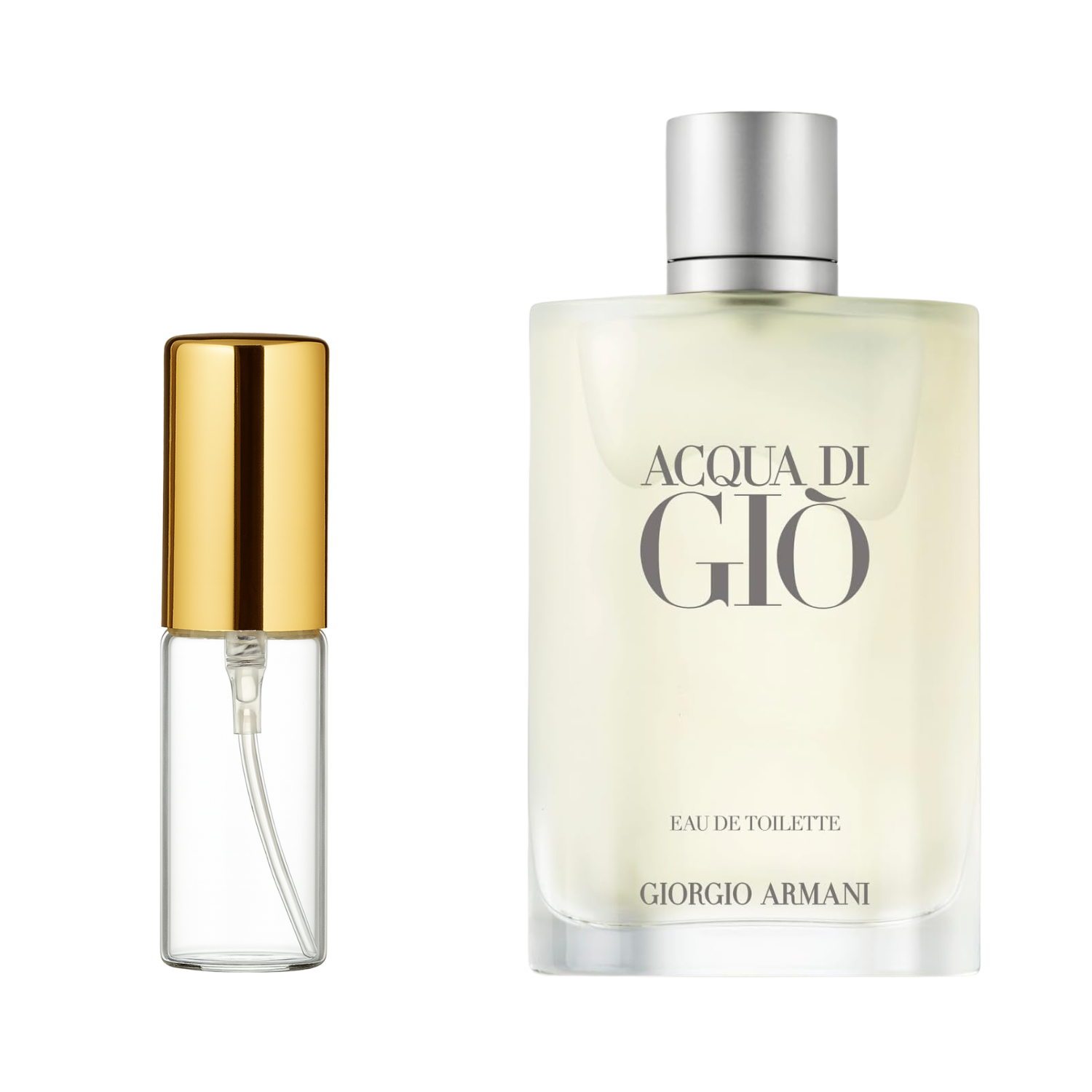 Decant de 5ml com borrifador dourado ao lado do frasco original do perfume importado masculino Acqua di Giò Giorgio Armani Eau de Toilette, ambos em fundo transparente. O frasco original tem design retangular em vidro fosco com líquido amarelado, enquanto o decant é de vidro transparente e borrifador dourado, disponíveis na Velyre.