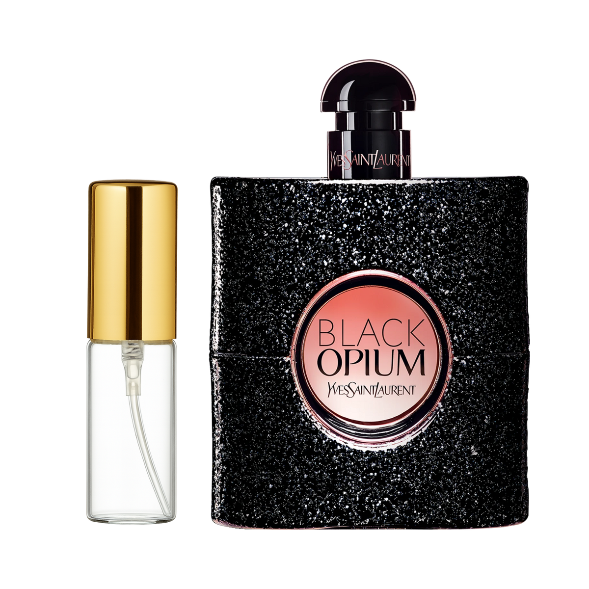Decant de 5ml com borrifador dourado ao lado do frasco original do perfume importado feminino Black Opium Saint Laurent Eau de Parfum, ambos em fundo transparente. O frasco original tem design retangular preto com glitter e um rótulo circular rosa e preto, enquanto o decant é de vidro transparente e borrifador dourado, disponíveis na Velyre.