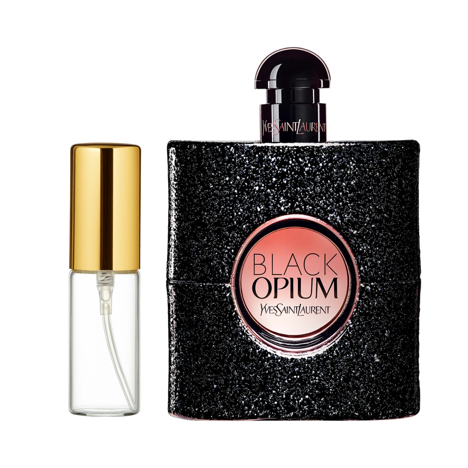 Decant de 5ml com borrifador dourado ao lado do frasco original do perfume importado feminino Black Opium Saint Laurent Eau de Parfum, ambos em fundo transparente. O frasco original tem design retangular preto com glitter e um rótulo circular rosa e preto, enquanto o decant é de vidro transparente e borrifador dourado, disponíveis na Velyre.