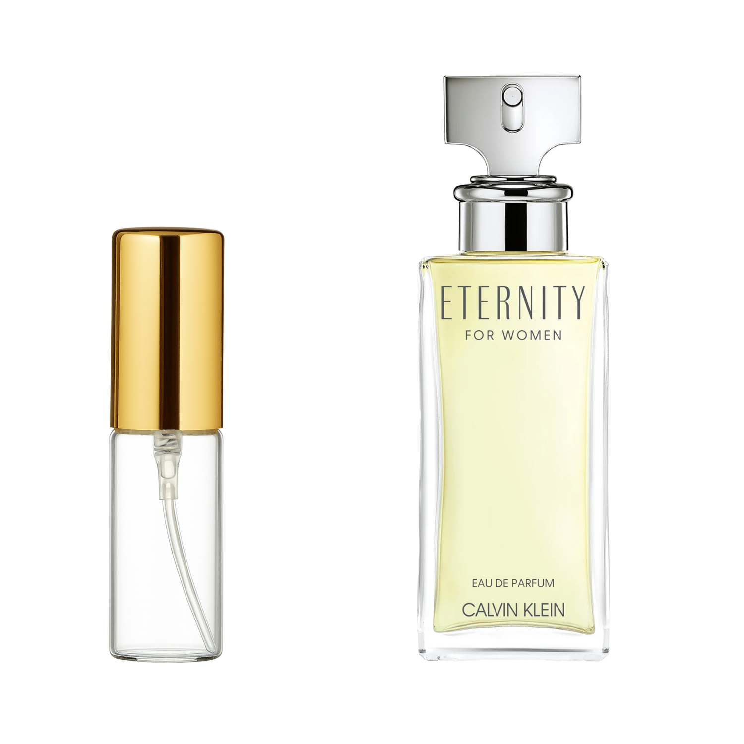 Decant de 5ml com borrifador dourado ao lado do frasco original do perfume importado feminino Eternity for Women Calvin Klein Eau de Parfum, ambos em fundo transparente. O frasco original tem design retangular em vidro transparente com líquido amarelo pálido e tampa prateada, enquanto o decant é de vidro transparente e borrifador dourado, disponíveis na Velyre.