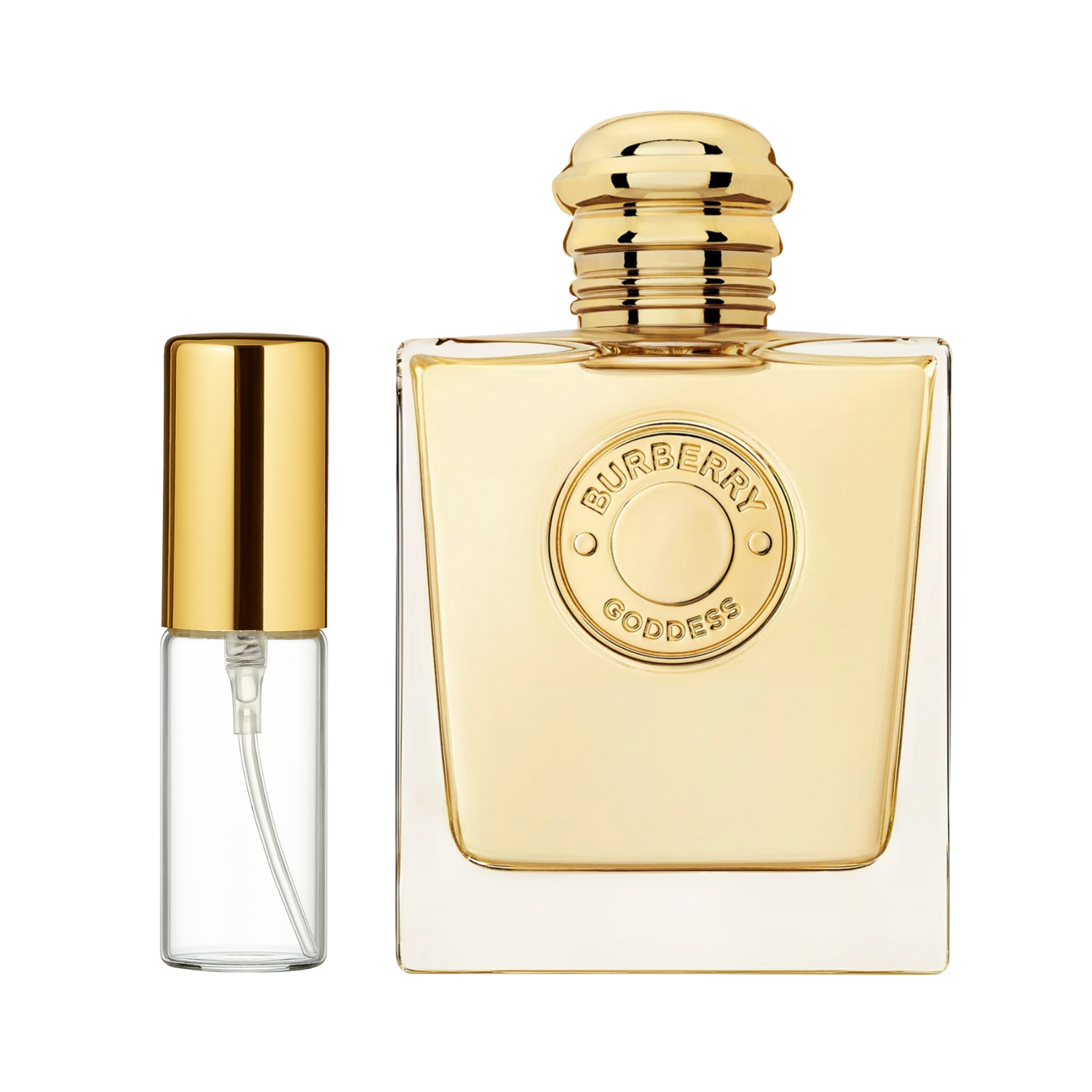Decant de 5ml com borrifador dourado ao lado do frasco original do perfume importado feminino Goddess Burberry Eau de Parfum, ambos em fundo transparente. O frasco original tem design retangular em vidro dourado e o logo da marca, enquanto o decant é de vidro transparente e borrifador dourado, disponíveis na Velyre.