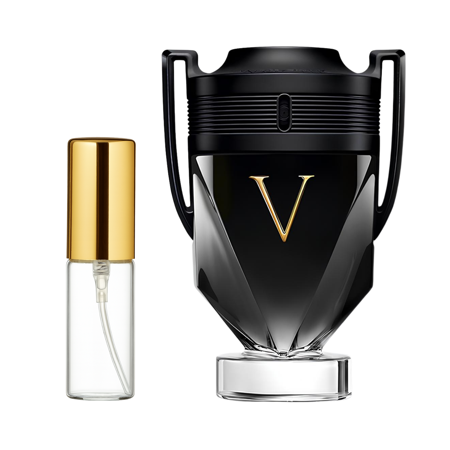 Decant de 5ml com borrifador dourado ao lado do frasco original do perfume importado masculino Invictus Victory Rabanne Eau de Parfum, ambos em fundo transparente. O frasco original tem design de troféu preto com um "V" dourado no centro, enquanto o decant é de vidro transparente e borrifador dourado, disponíveis na Velyre.