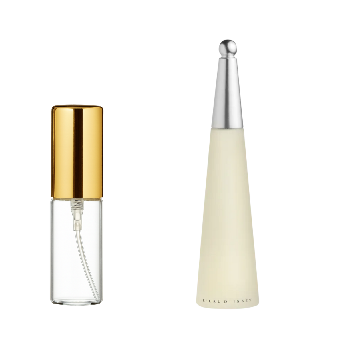 Decant de 5ml com borrifador dourado ao lado do frasco original do perfume importado feminino L'Eau d'Issey Issey Miyake Eau de Toilette, ambos em fundo transparente. O frasco original tem design de cone fosco com tampa prateada, enquanto o decant é de vidro transparente e borrifador dourado, disponíveis na Velyre.