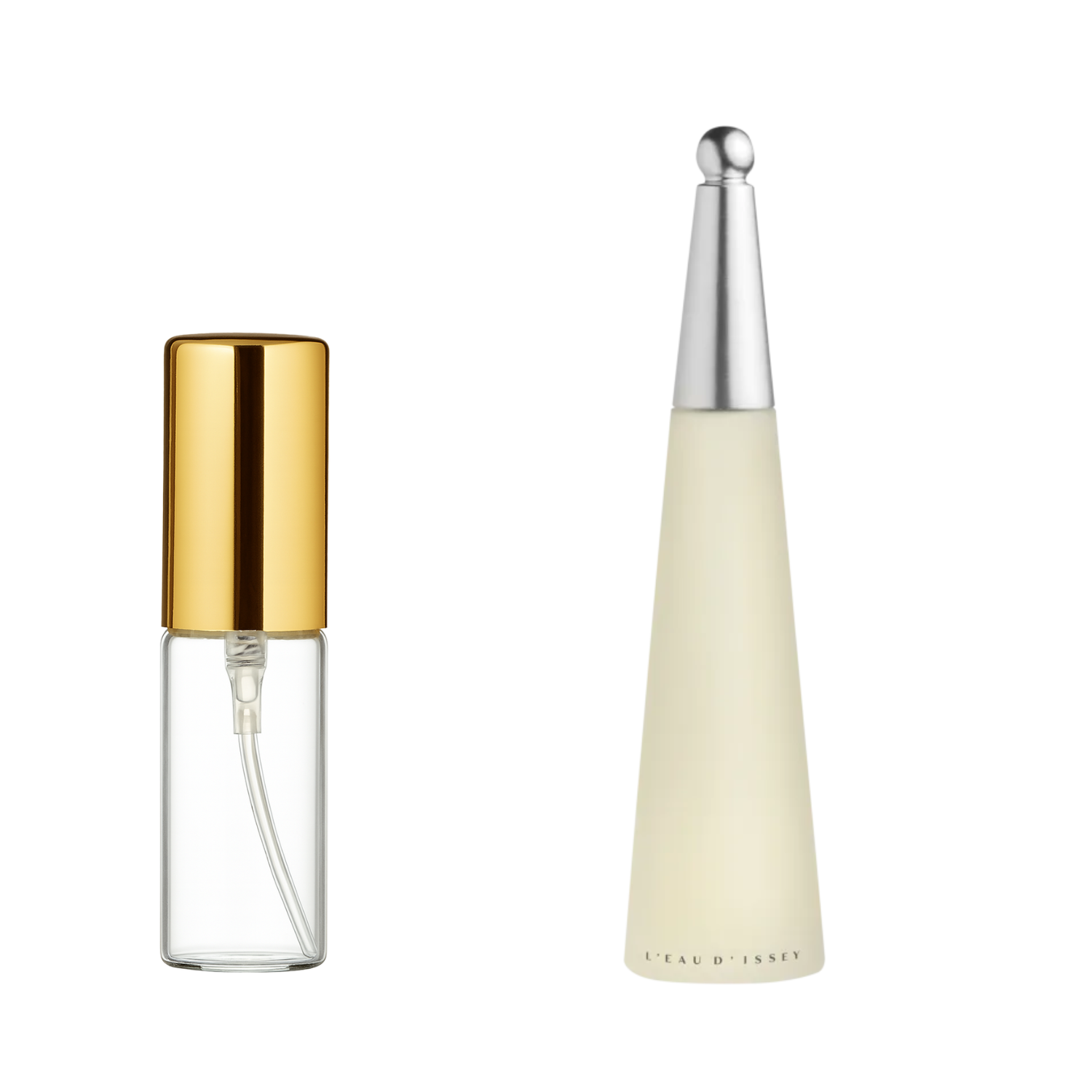 Decant de 5ml com borrifador dourado ao lado do frasco original do perfume importado feminino L'Eau d'Issey Issey Miyake Eau de Toilette, ambos em fundo transparente. O frasco original tem design de cone fosco com tampa prateada, enquanto o decant é de vidro transparente e borrifador dourado, disponíveis na Velyre.
