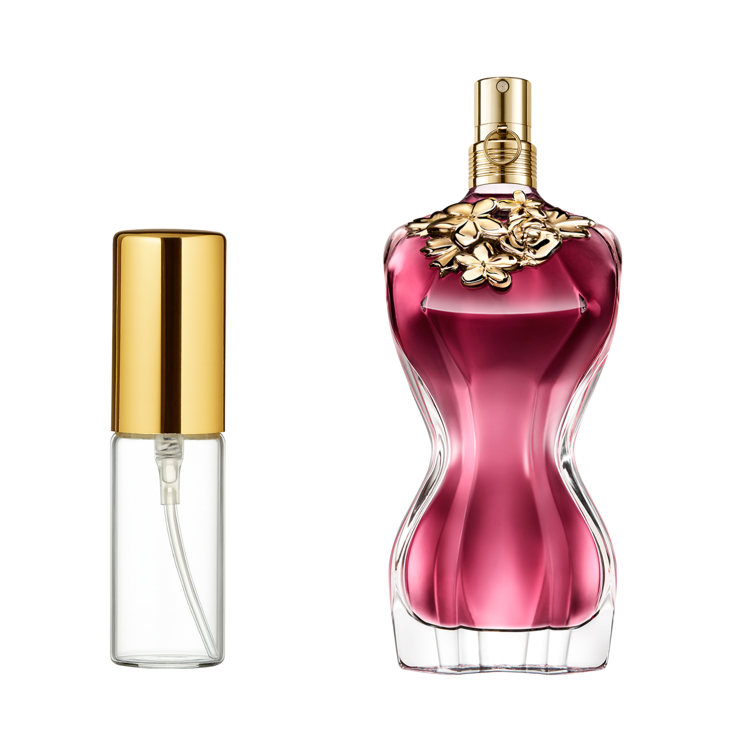 Decant de 5ml com borrifador dourado ao lado do frasco original do perfume importado feminino La Belle Jean Paul Gaultier Eau de Parfum, ambos em fundo transparente. O frasco original tem design de torso feminino com líquido avermelhado e um colar de flores dourado, enquanto o decant é de vidro transparente e borrifador dourado, disponíveis na Velyre.