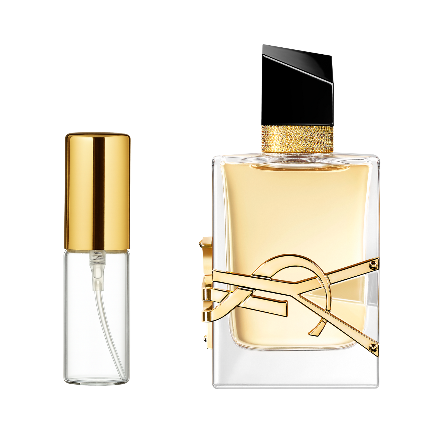 Decant de 5ml com borrifador dourado ao lado do frasco original do perfume importado feminino Libre Saint Laurent Eau de Parfum, ambos em fundo transparente. O frasco original tem design geométrico com líquido amarelado e o logo "YSL" dourado inclinado, enquanto o decant é de vidro transparente e borrifador dourado, disponíveis na Velyre.