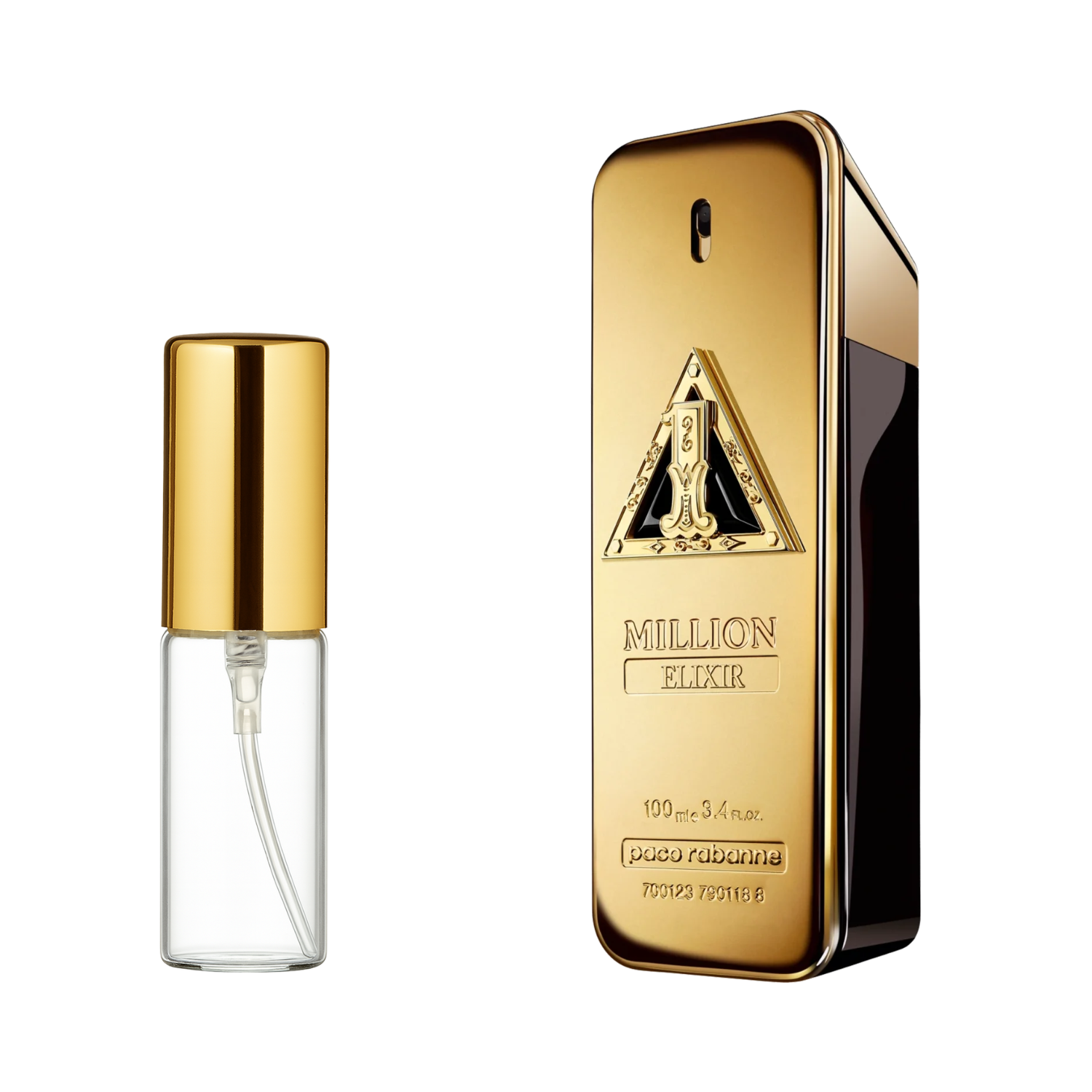 Decant de 5ml com borrifador dourado ao lado do frasco original do perfume importado masculino One Million Elixir Rabanne Eau de Parfum, ambos em fundo transparente. O frasco original tem design de barra de ouro com um símbolo triangular e as palavras "MILLION ELIXIR" em relevo, enquanto o decant é de vidro transparente e borrifador dourado, disponíveis na Velyre.