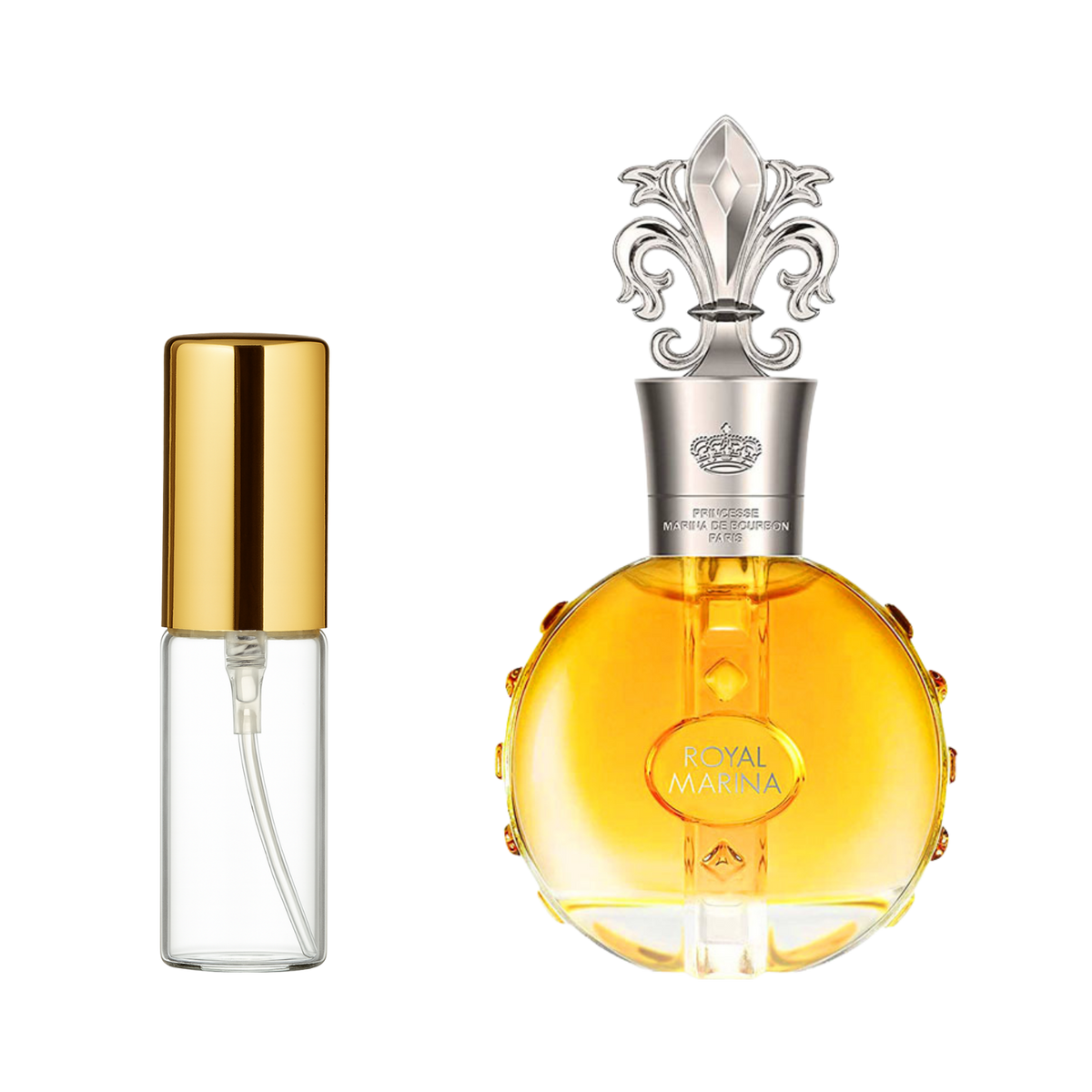 Decant de 5ml com borrifador dourado ao lado do frasco original do perfume importado feminino Royal Marina Diamond Marina de Bourbon Eau de Parfum, ambos em fundo transparente. O frasco original tem design de globo em vidro transparente com líquido dourado, enquanto o decant é de vidro transparente e borrifador dourado, disponíveis na Velyre.