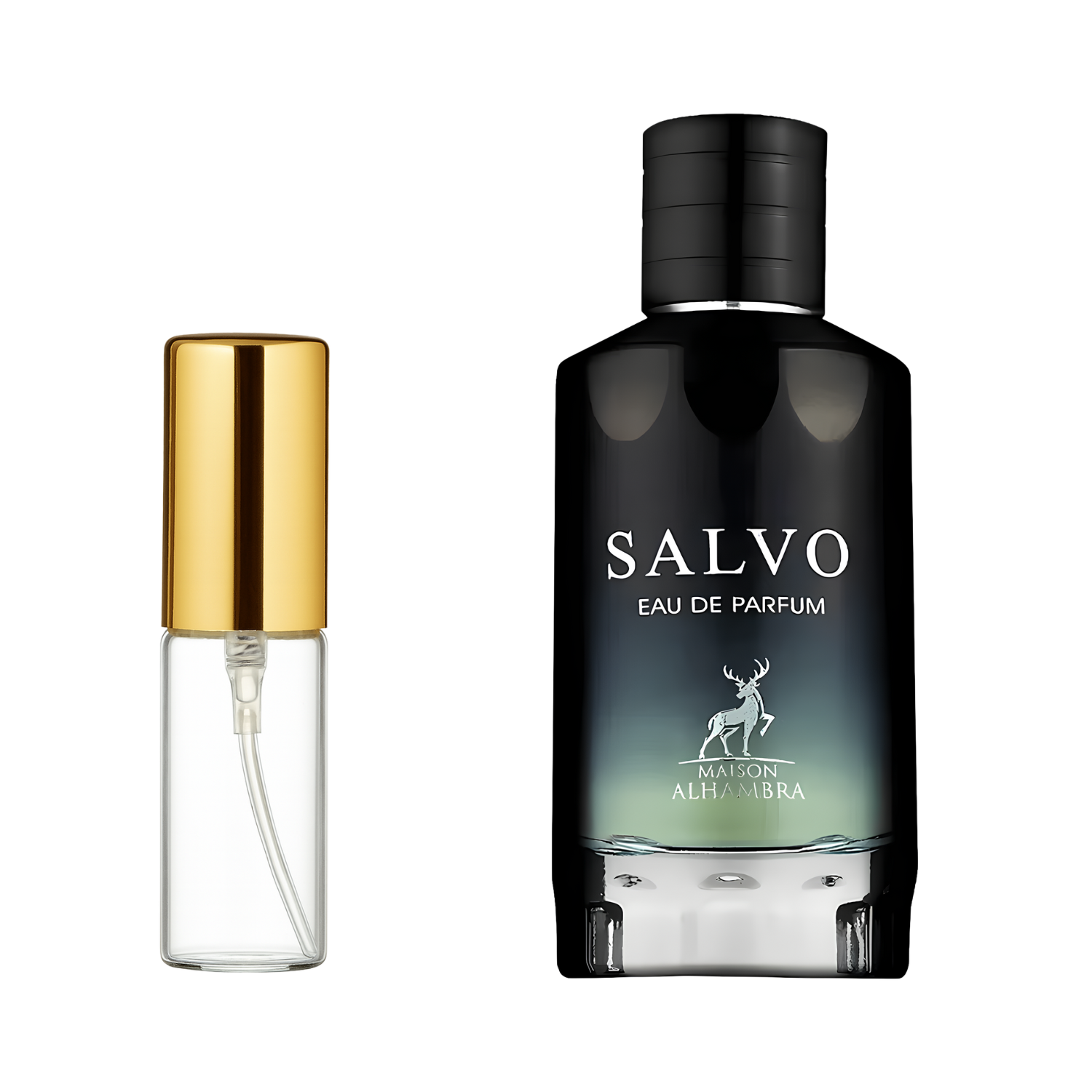 Decant de 5ml com borrifador dourado ao lado do frasco original do perfume árabe masculino Salvo Maison Alhambra Eau de Parfum, ambos em fundo transparente. O frasco original tem design retangular em vidro degradê preto para azul-esverdeado, com o logo do cervo branco, enquanto o decant é de vidro transparente e borrifador dourado, disponíveis na Velyre.