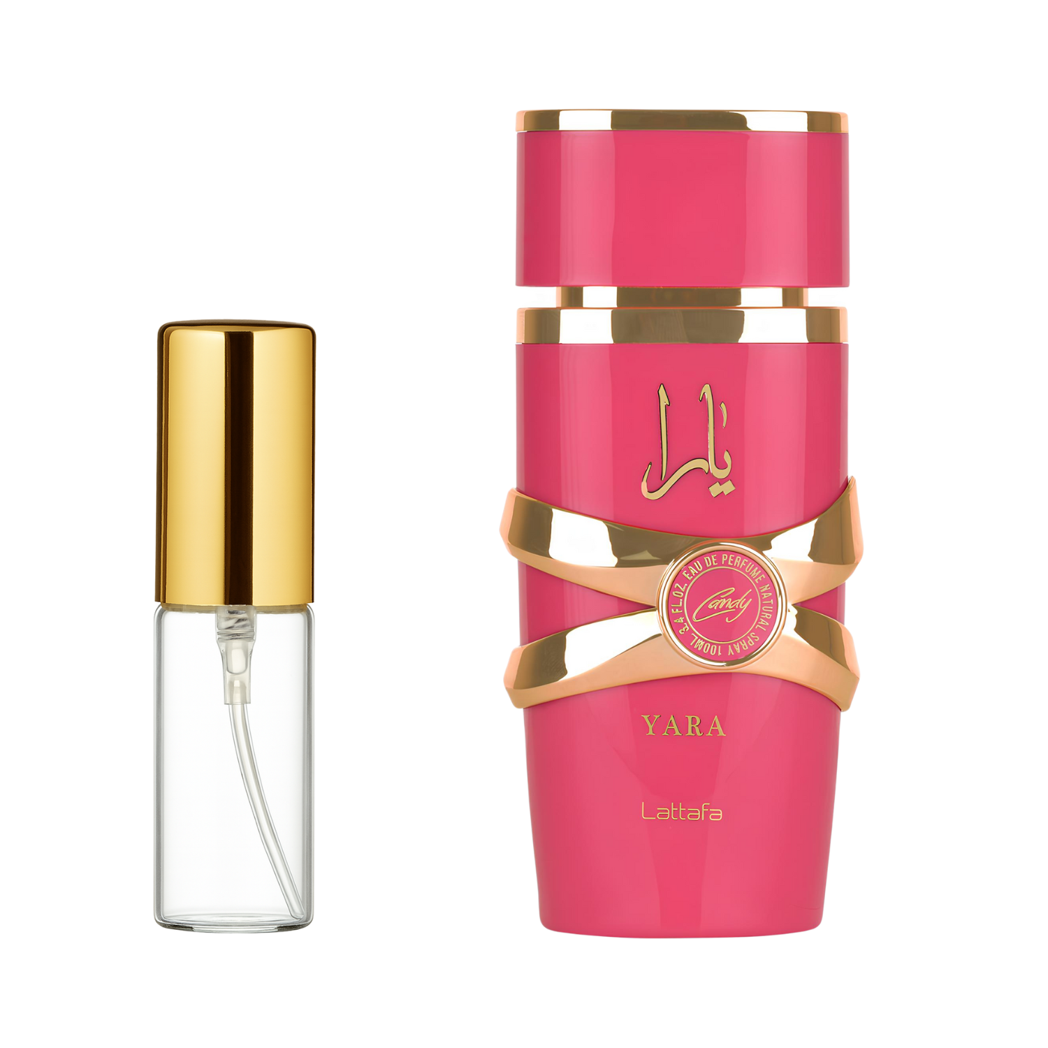 Decant de 5ml com borrifador dourado ao lado do frasco original do perfume árabe feminino Yara Candy Lattafa Eau de Parfum, ambos em fundo transparente. O frasco original tem design cilíndrico rosa com detalhes e ornamentos dourados, enquanto o decant é de vidro transparente e borrifador dourado, disponíveis na Velyre.