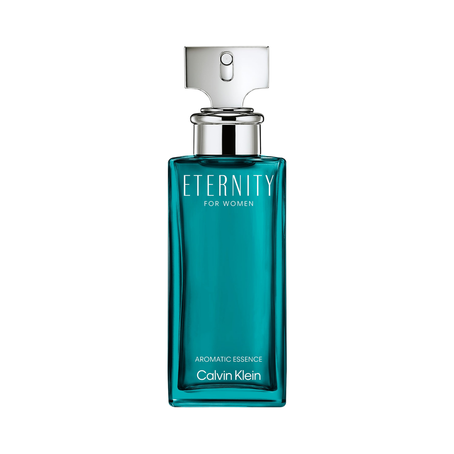 Frasco do perfume feminino Eternity Aromatic Essence Calvin Klein 100ml, em vidro retangular transparente na cor azul turquesa, com tampa metálica prateada e logotipo da marca em branco.