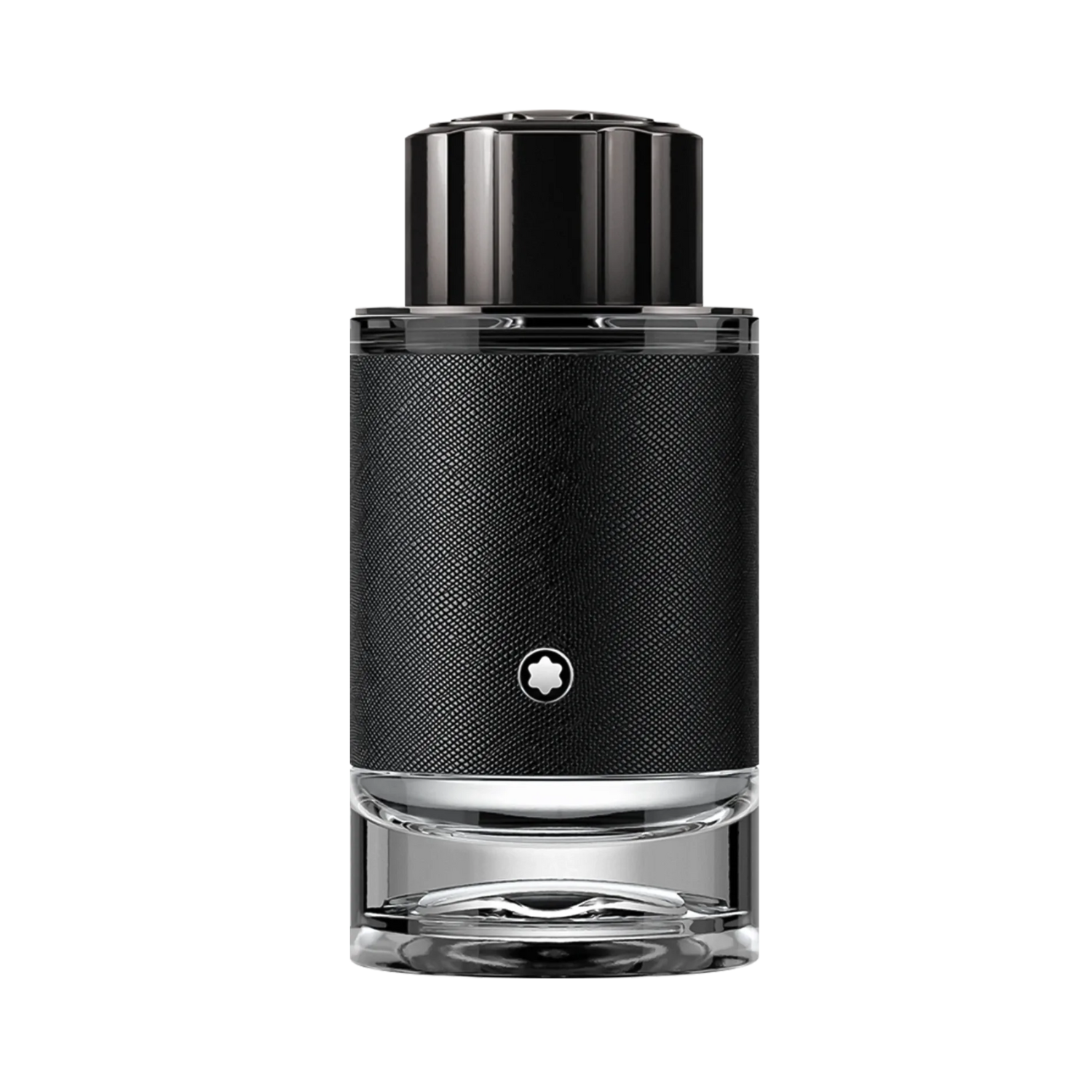 Frasco do perfume masculino Explorer Montblanc Eau de Parfum 100ml com design cilíndrico robusto, metade inferior em vidro transparente e metade superior revestida com couro sintético preto texturizado. O logo estrela Montblanc está no centro da parte preta. A tampa é preta e brilhante, com detalhes ranhurados.